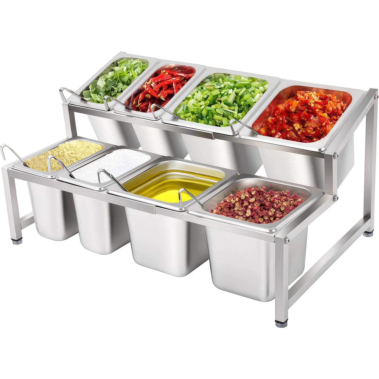 JYBNBBE 2-Tier Expandable Spice Rack with Spoons and Lids, Stainless Steel Countertop Organizer for Kitchen and Restaurant (A)