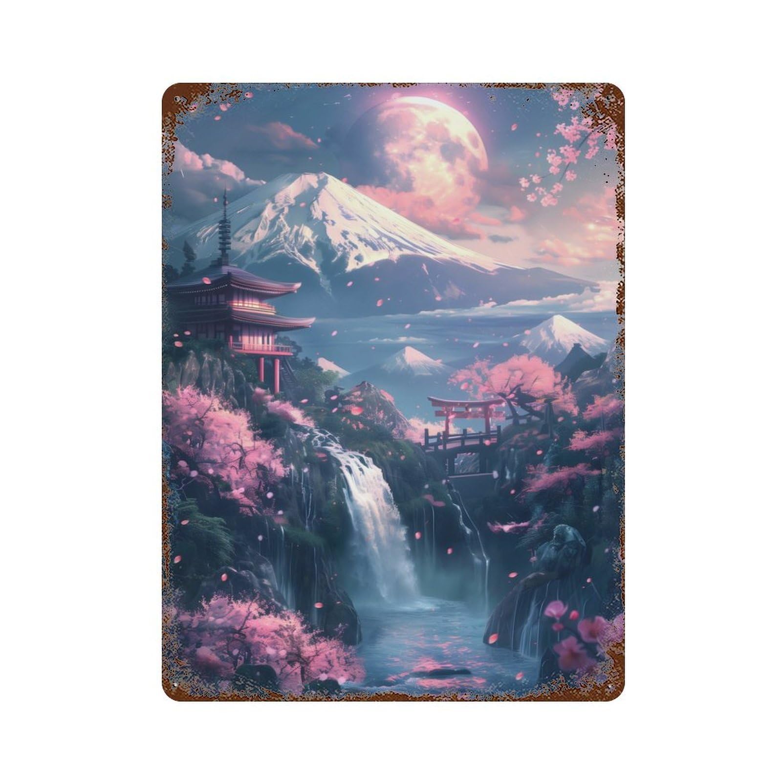 Cherry Blossom Japan Fuji Decorative Tin Sign 15.7"x11.8", Industrial Home Decor for Garage, Pub Or Kitchen