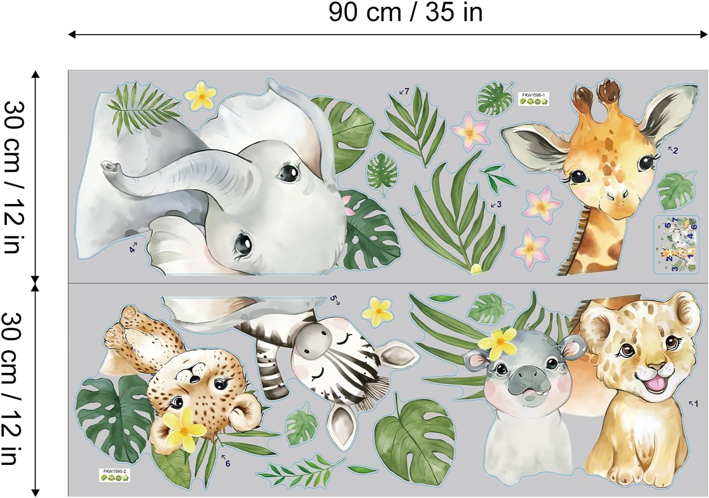 Watercolor Jungle Animal Wall Stickers Tropical Leaves Safari Giraffe Elephant Peel and Stick Wall Decals for Nursery Kids Playroom Bedroom