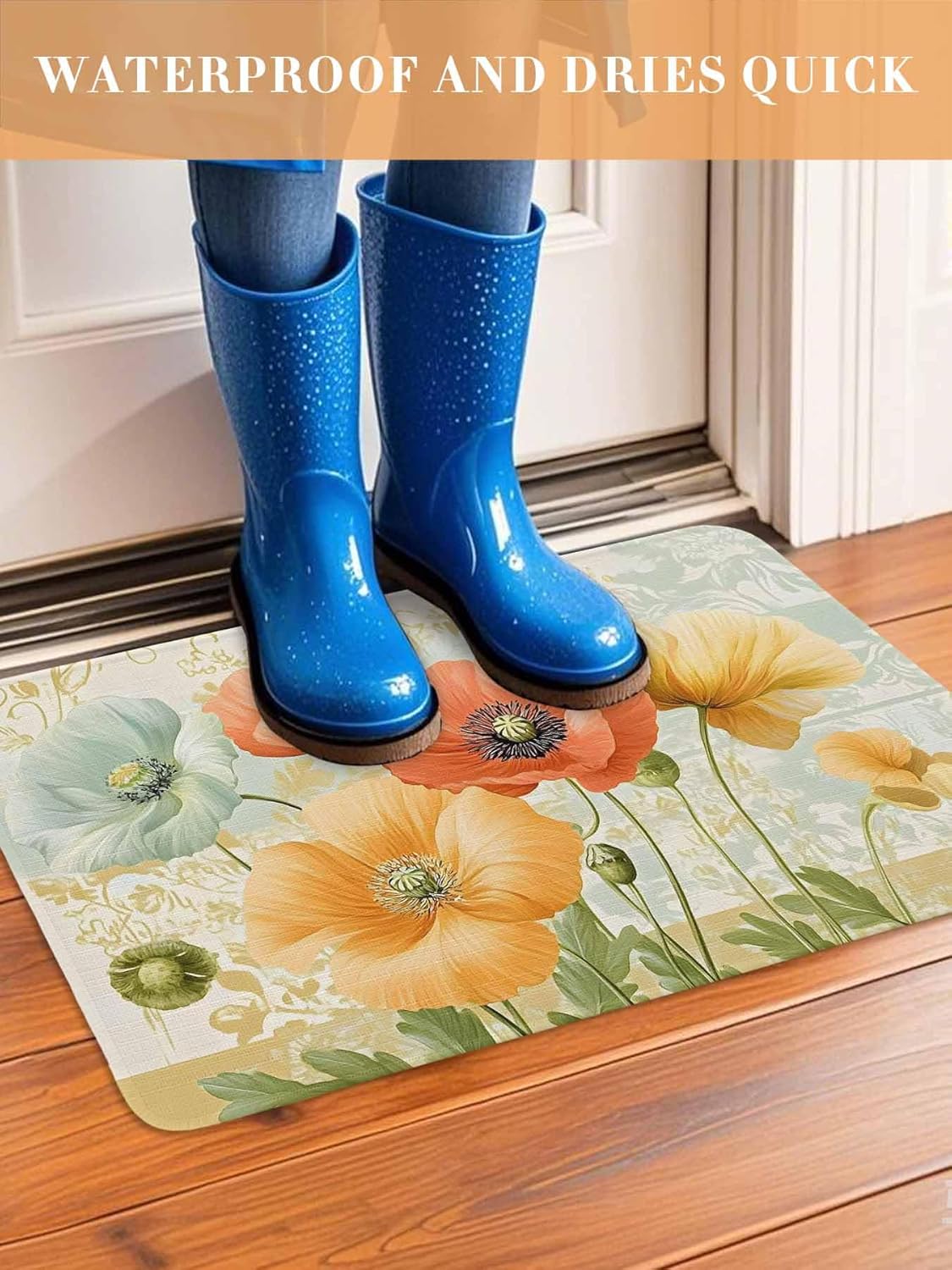 Retro Spring Floral Front Door Mat Indoor Outdoor Entrance Welcome Floor Mats, Watercolor Farmhouse Summer Flowers Heavy Duty Absorbent Doormat, Non-Slip Rugs for High Traffic Areas 18"x30"