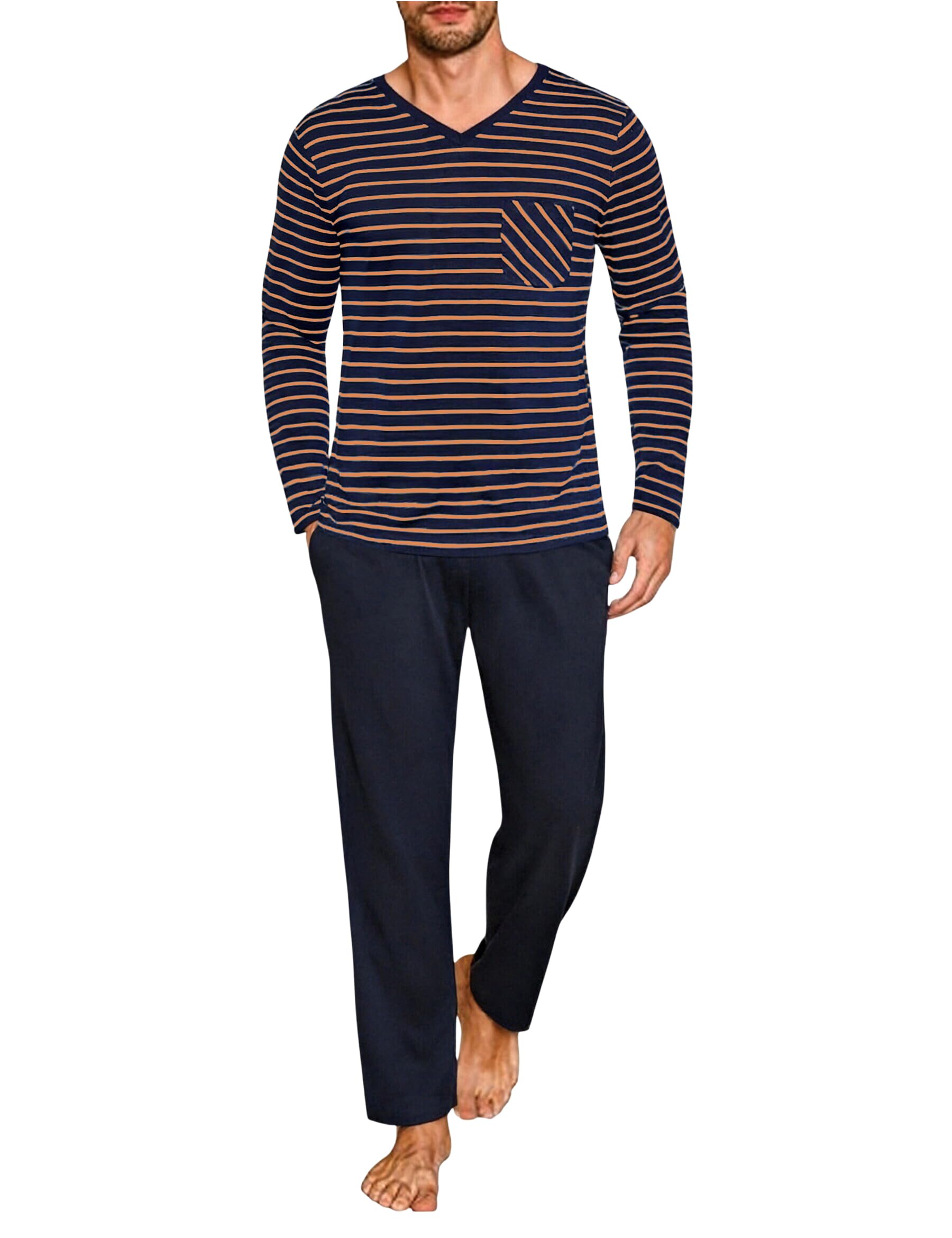 Demegimi Herren Schlafanzug Lang Pyjama Baumwolle Winter Hausanzug Zweiteilige Pyjamas mit Langarmshirt und Pyjamahose für Männer