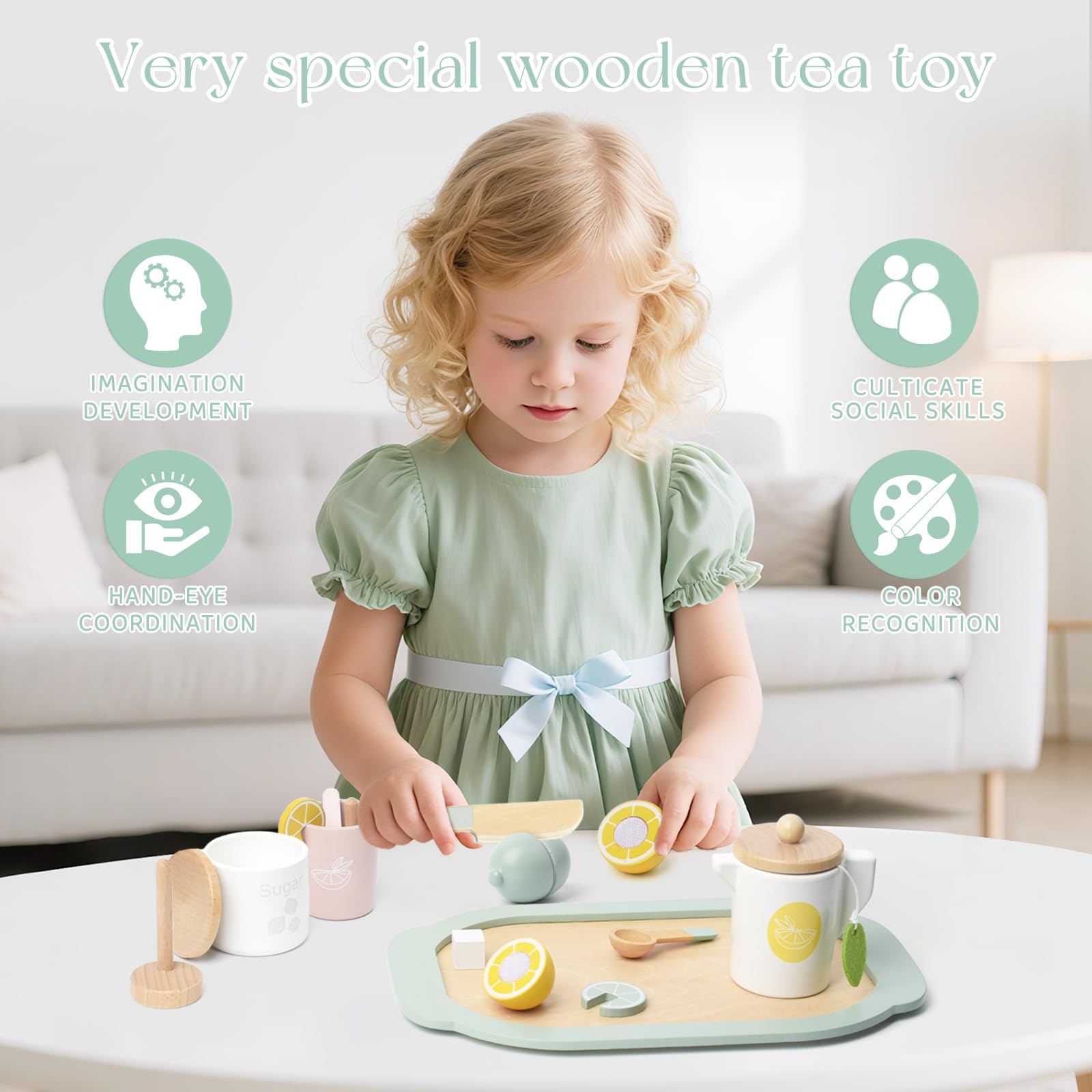 Soporte de limonada para niños, juego de té de simulación, juego de fiesta de té, suministros de soporte de limonada, no requiere montaje, juguetes de madera no tóxicos, juegos de té para 3
