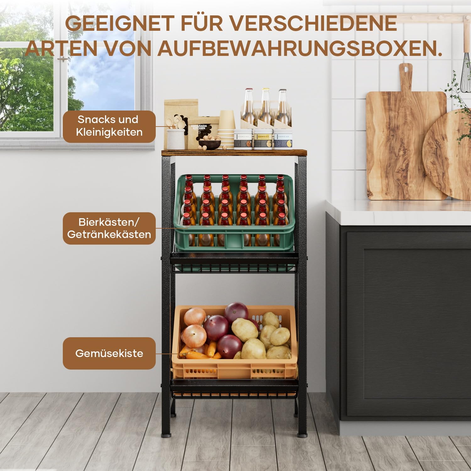 HFHOME Getränkekistenregal für 2 Kisten mit verstellbarem Ablage, Stabiler Metall Ständer Getränkekisten, Freistehend Kistenständer mit oberem Holzregal, Wasserkistenregal für Küche Keller Garage
