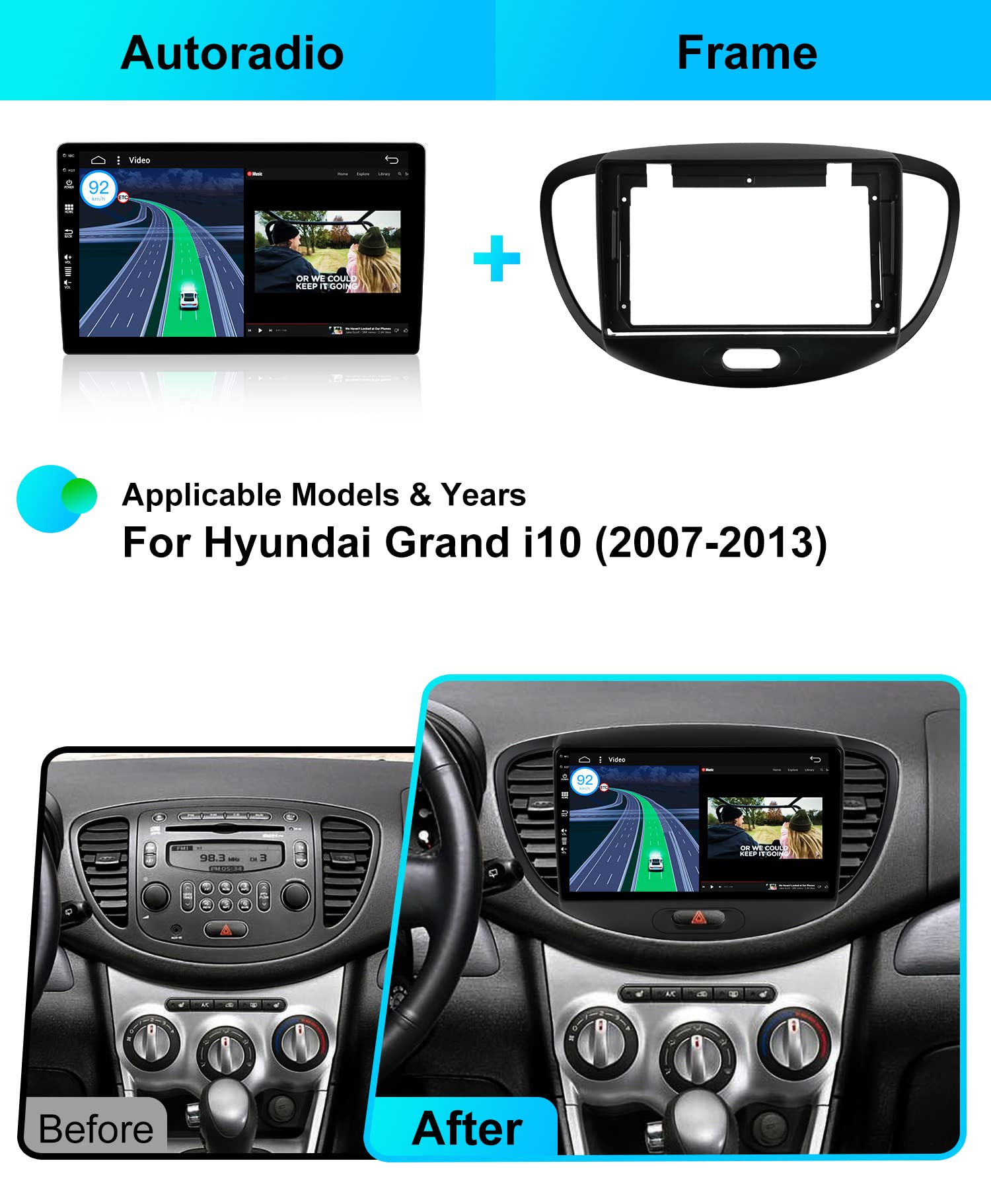 Autoradio Android 13 Avec écran 9" Pour Hyundai I10 (2007-2013) - 2Go+64Go, CarPlay/Android Auto Sans Fil, GPS, Caméra Recul Incluse - 8