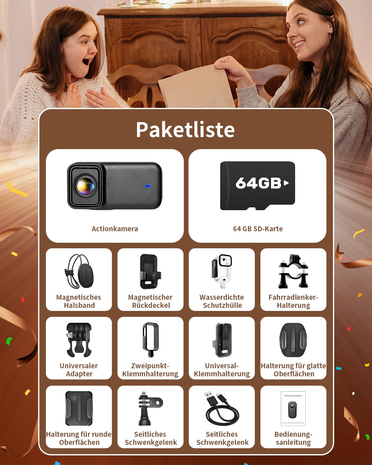 Neu Action Cam 4K/2K/1080P mit 64GB SD Karte &1,47 Zoll Display, Bodycam Körperkamera mini Magnetische Wasserdicht 30M & 180 Min Akku for Dashcam Fahrrad, Vlog, Ski, POV Kamera