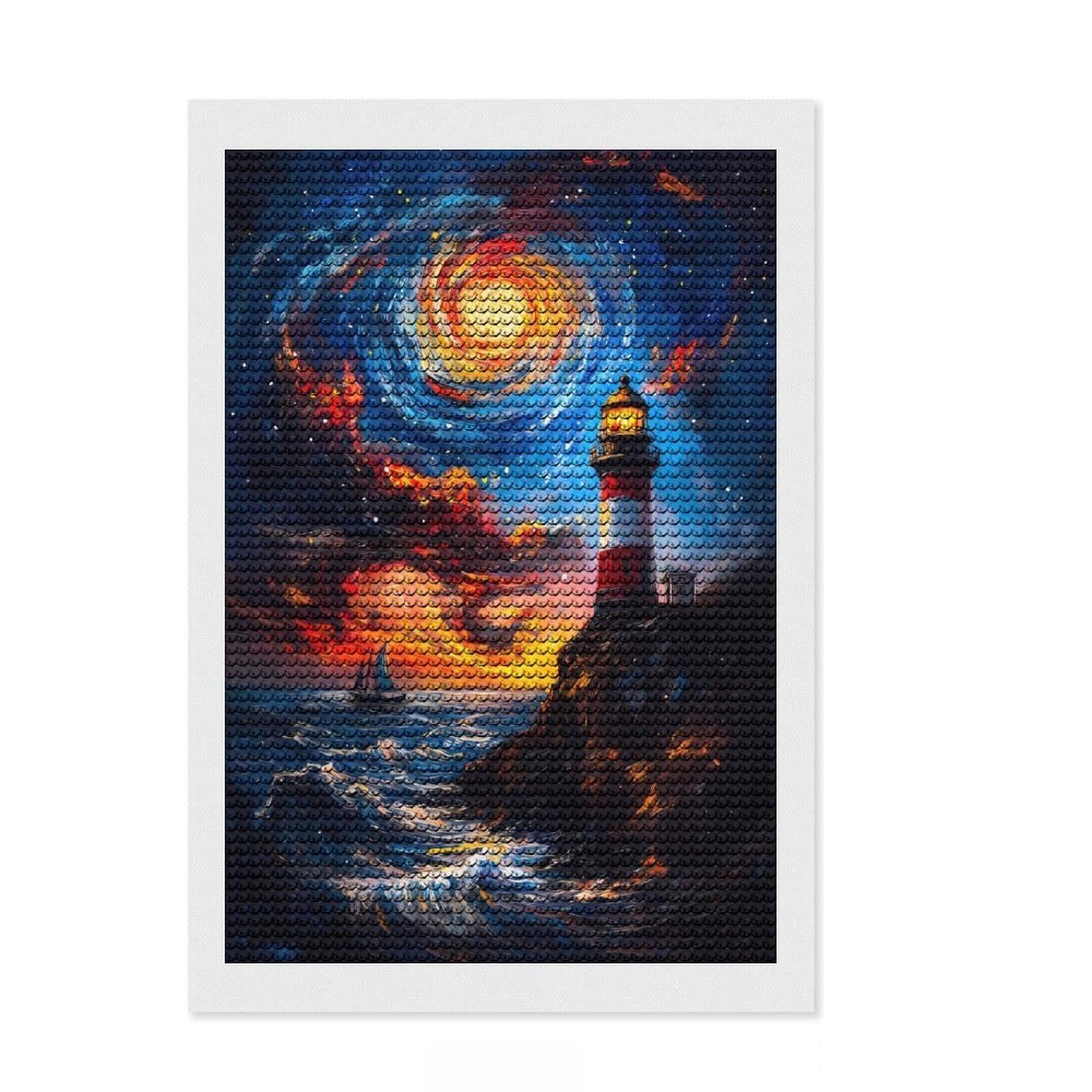 Junmoney Lighthouse Under Starry Sky Diamond Art Canvas 8"x12", Adhesive Canvas, Easy to Follow Symbols, Living Room Decor, Holiday Gift Idea
