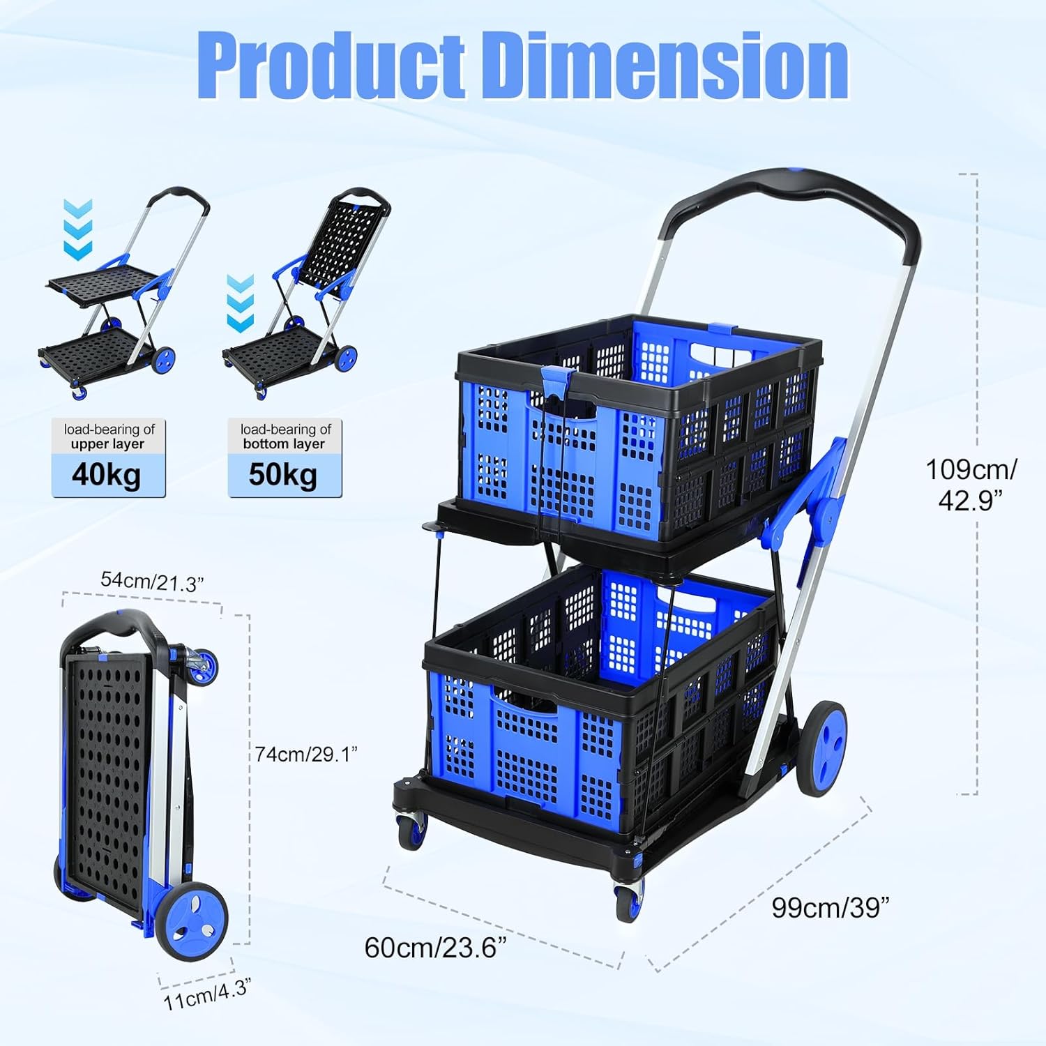 Foldable Shopping Cart with Wheels, Grocery Cart on Wheels, 2-Tier Collapsible Grocery Trolley with Retractable Bands and 360° Rolling Wheels, for Grocery, Laundry & Travel Blue 110 LBS Capacity