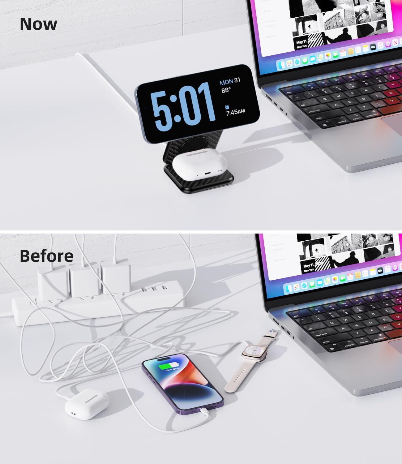 Foldable Magnetic Wireless Charger, KU XIU X40 Aluminum Alloy 3 in 1 Charging Station for Apple, Fast Mag-Safe Charger for iPhone 17 16 15 14 13 Series, 5W for iWatch, AirPods 4/3/2/Pro, Carbon Fiber