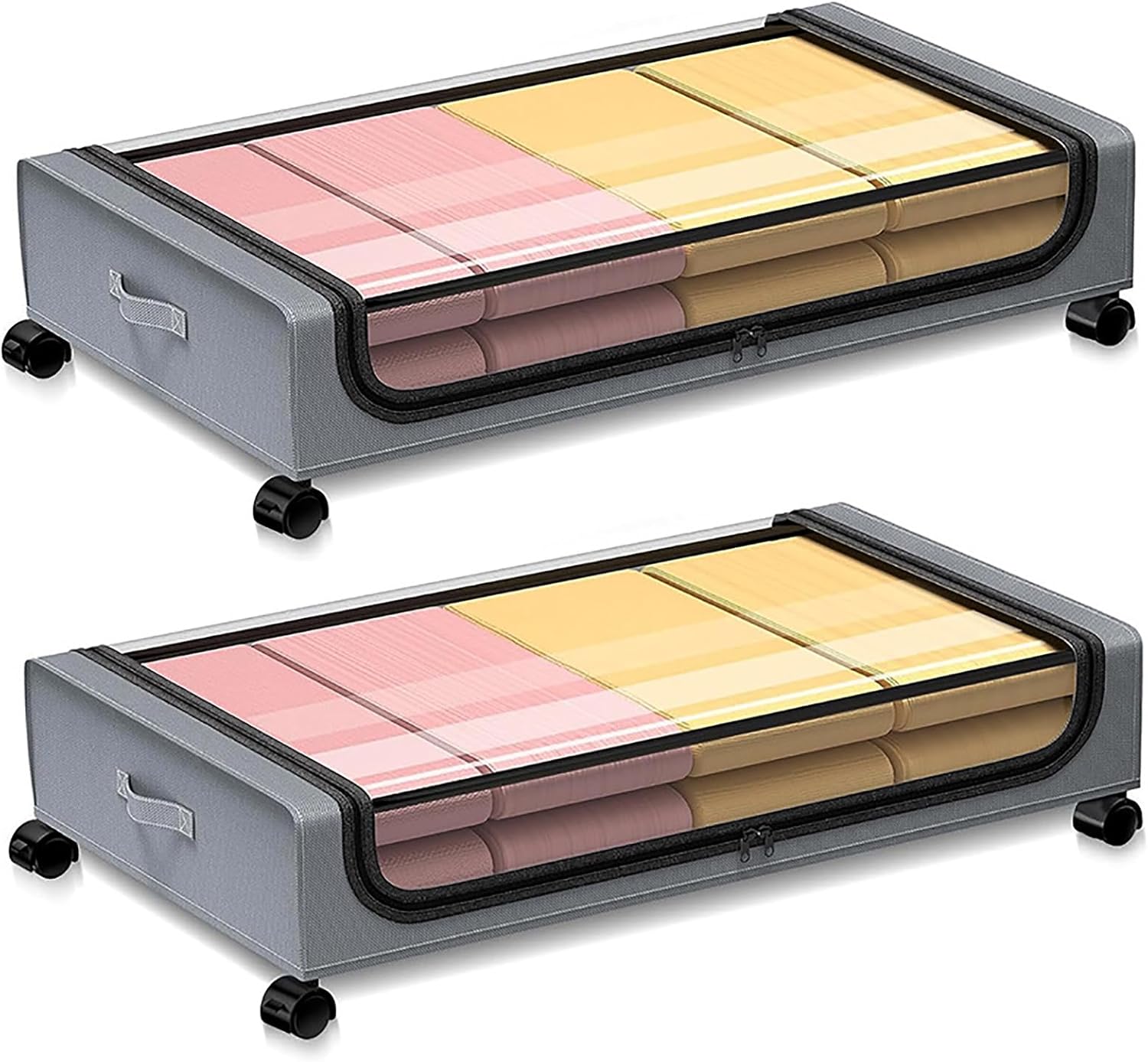 Under Bed Storage with Wheels, Underbed Storage Containers with Clear Lid, Set of 2 Pack Rolling Under Bed Organizer, Under Bed Drawers for Blankets, Clothes, Shoes, Bedding,Gray