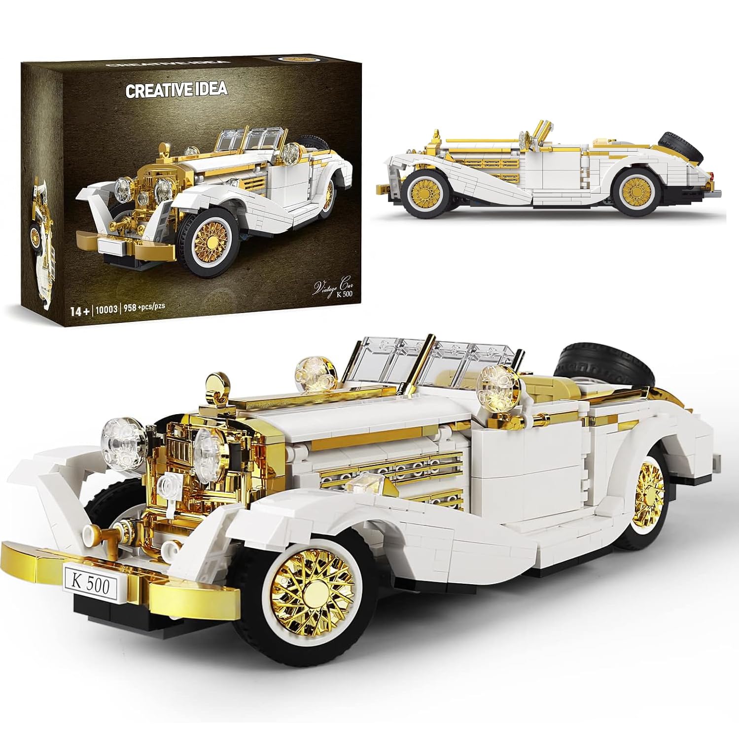 10003 Technik K500 Vintage Auto, Kreativität Oldtimer Auto Modell Bauset für Erwachsene männer, 868+Teile Klemmbausteine Technik Sportwagen Bauspielzeug als Geschenk/Sammlerstücke