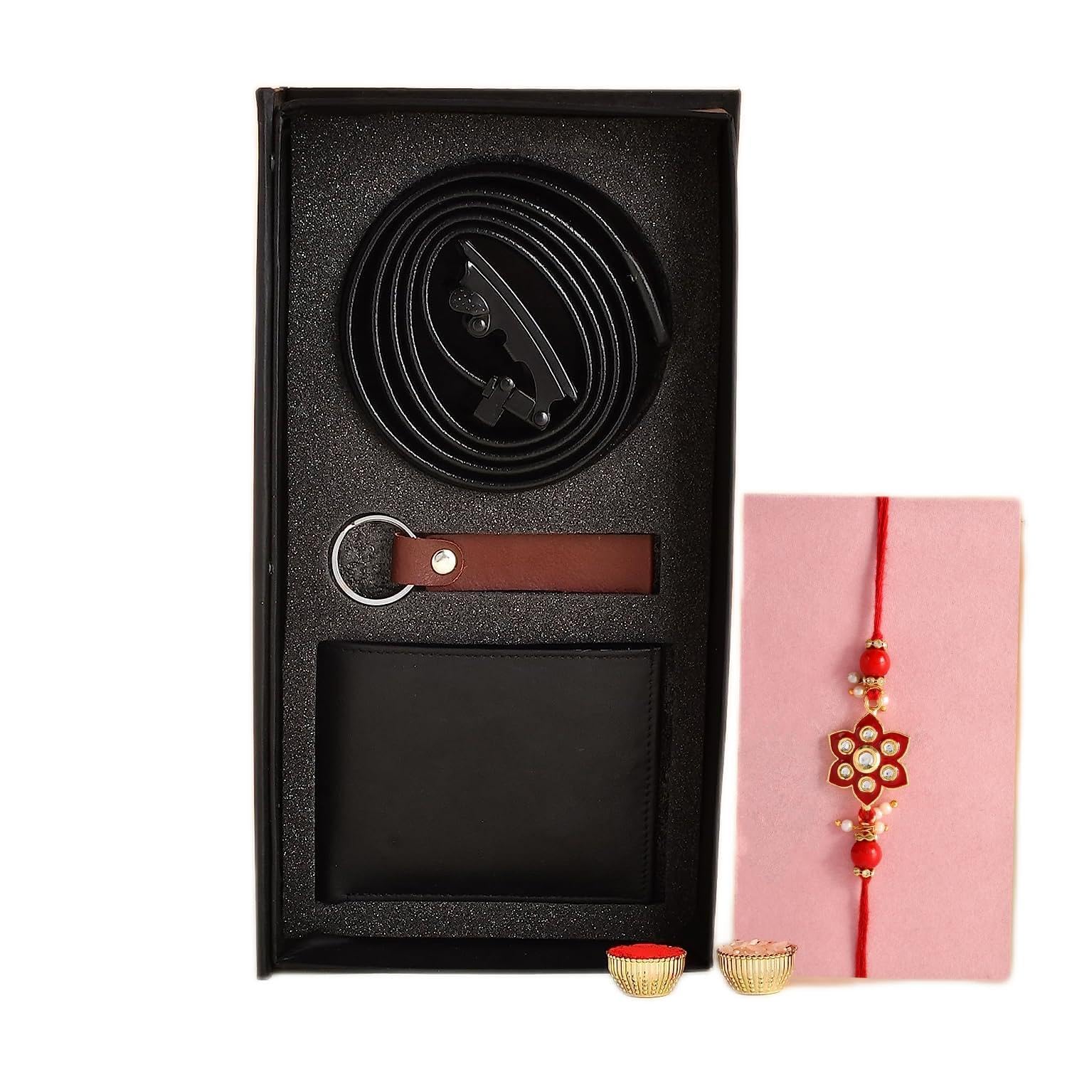 Ascension Rakhi Gift Hamper for Brother Black Men's Leather Wallet, Belt,Keychain and Rakhi Wallet Combo Gift Set for Bhaiya Rakhi Combo Gift Box for Brother leather Kit Combo With Red Stone Rakhi-image-15