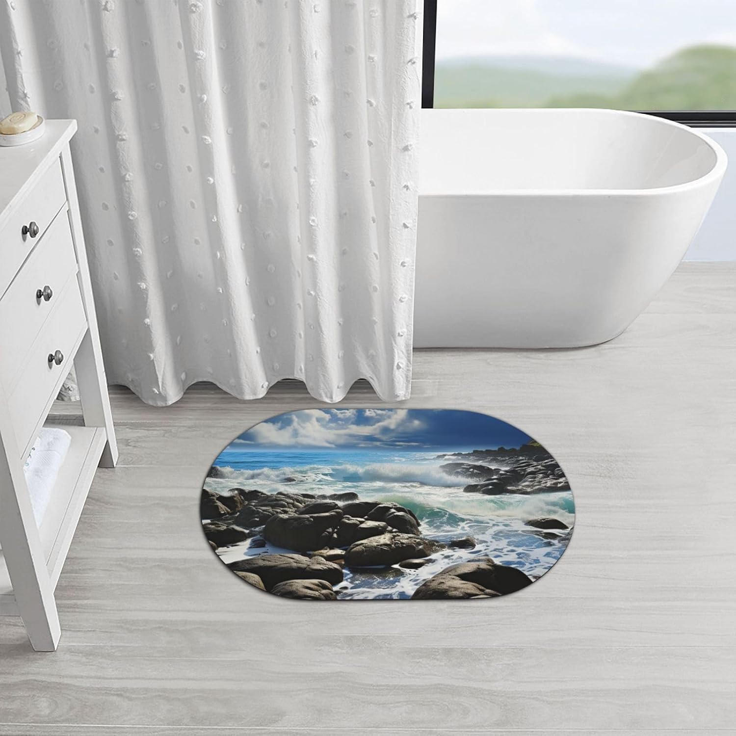 Ocean Pouring Over Coastal Rocks Diatomaceous Earth Bath Mat Soft Bathtub Mat Rugs Non Slip-Super Absorbent Bathroom Floor Mat Quick Dry Diatomaceous Bath Mats for Bathroom 23.6 X 15.7 Inches