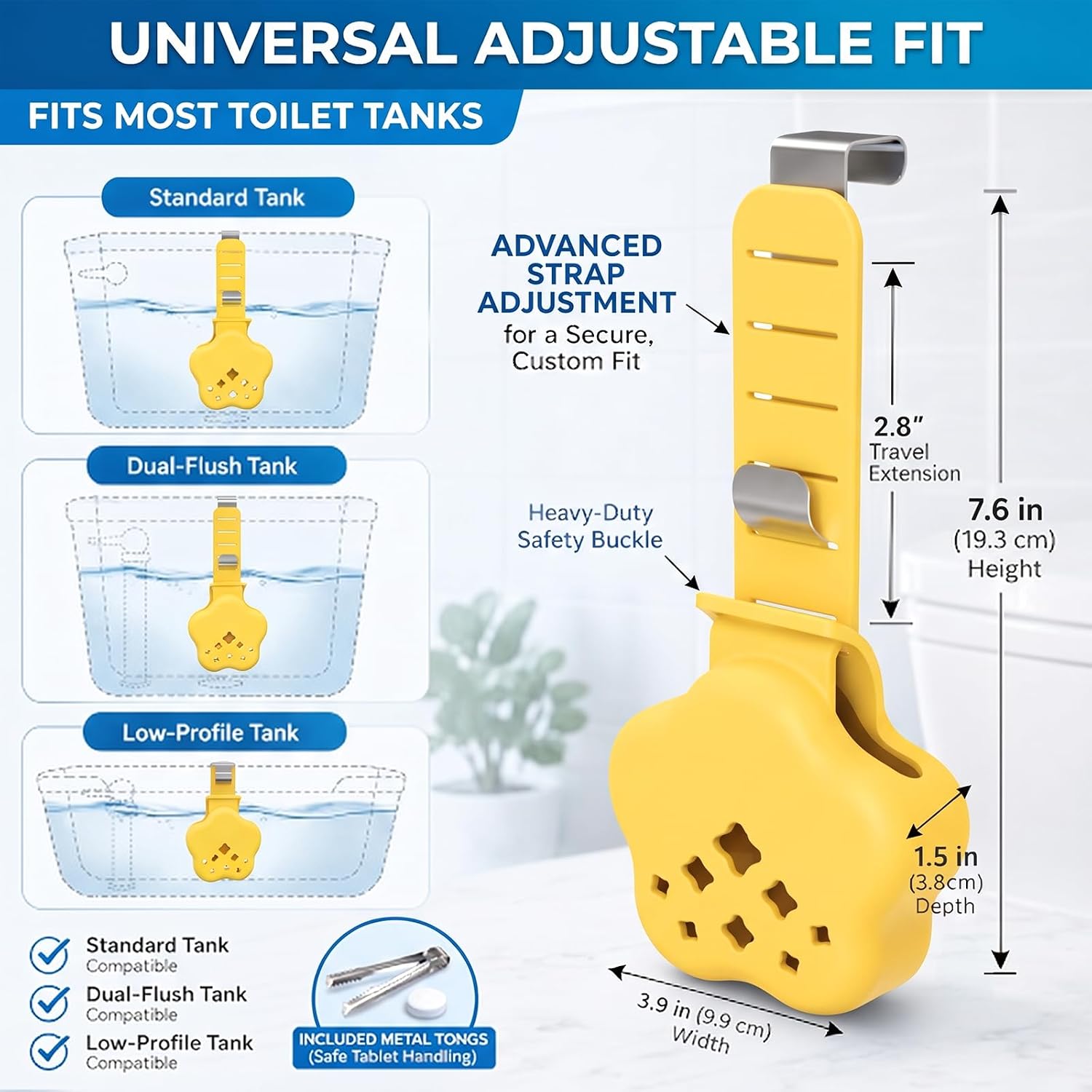 Toilet Tank Tablet Holder Silicone Case, Anti-Clog Flapper Protector Basket Hanger, Adjustable Strap for Toilet Bowl Blue Cleaning Blocks (Yellow, 1 Pack + 1 Touch-Free Placement Clip) image 4