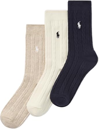 POLO RALPH LAUREN Womens Classic Cotton Cable Crew Socks - 3 Pair Pack - Soft Cotton Comfort