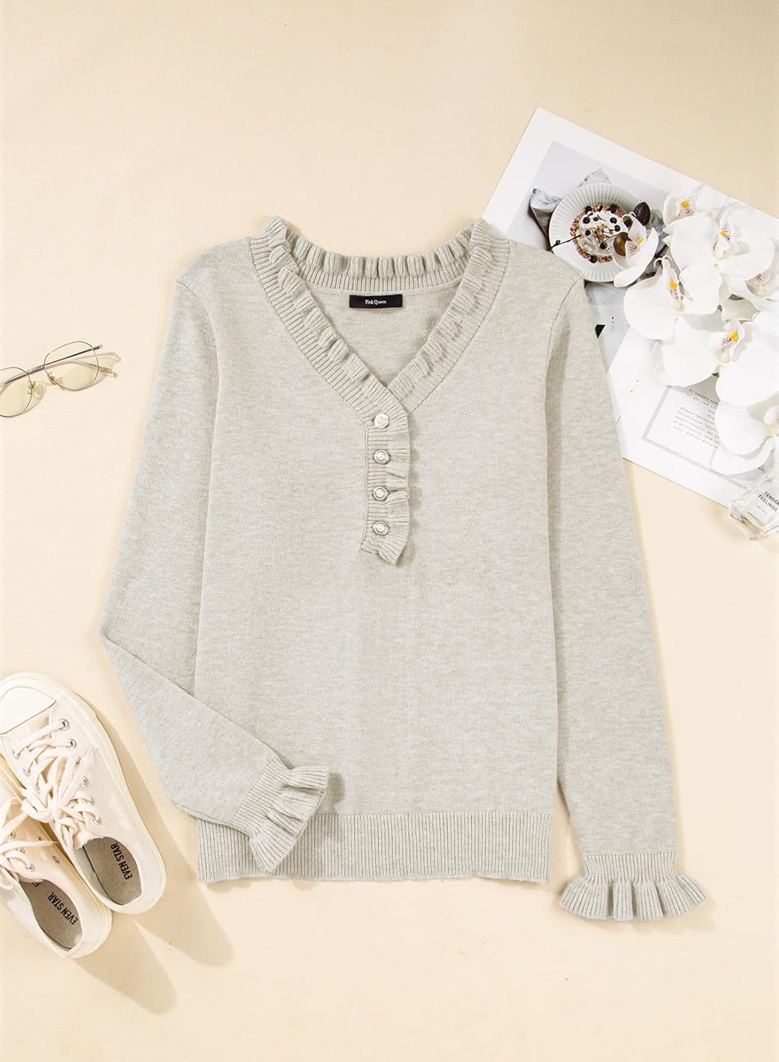 Pink Queen Women's V Neck Sweater Button Down Ruffle Trim Knitted Pullover Jumper Tops - Image 7