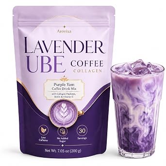 Ube Lavender Collagen Coffee, Purple Sweet Potato Powder Coffee Drink Mix with Collagen Peptides, Biotin & Vitamin C, Low Caffeine Beauty Coffee, No Added Sugar, 10.58 oz / 300 g 1