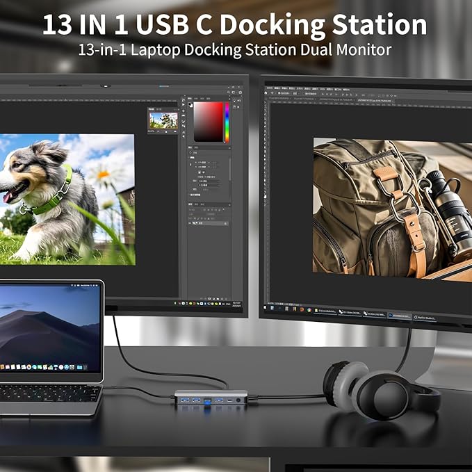 Docking Station USB C 13 en 1, Hub para Laptop con 3 Monitores, HDMI Dual, VGA, USB 3.0 miniatura 3