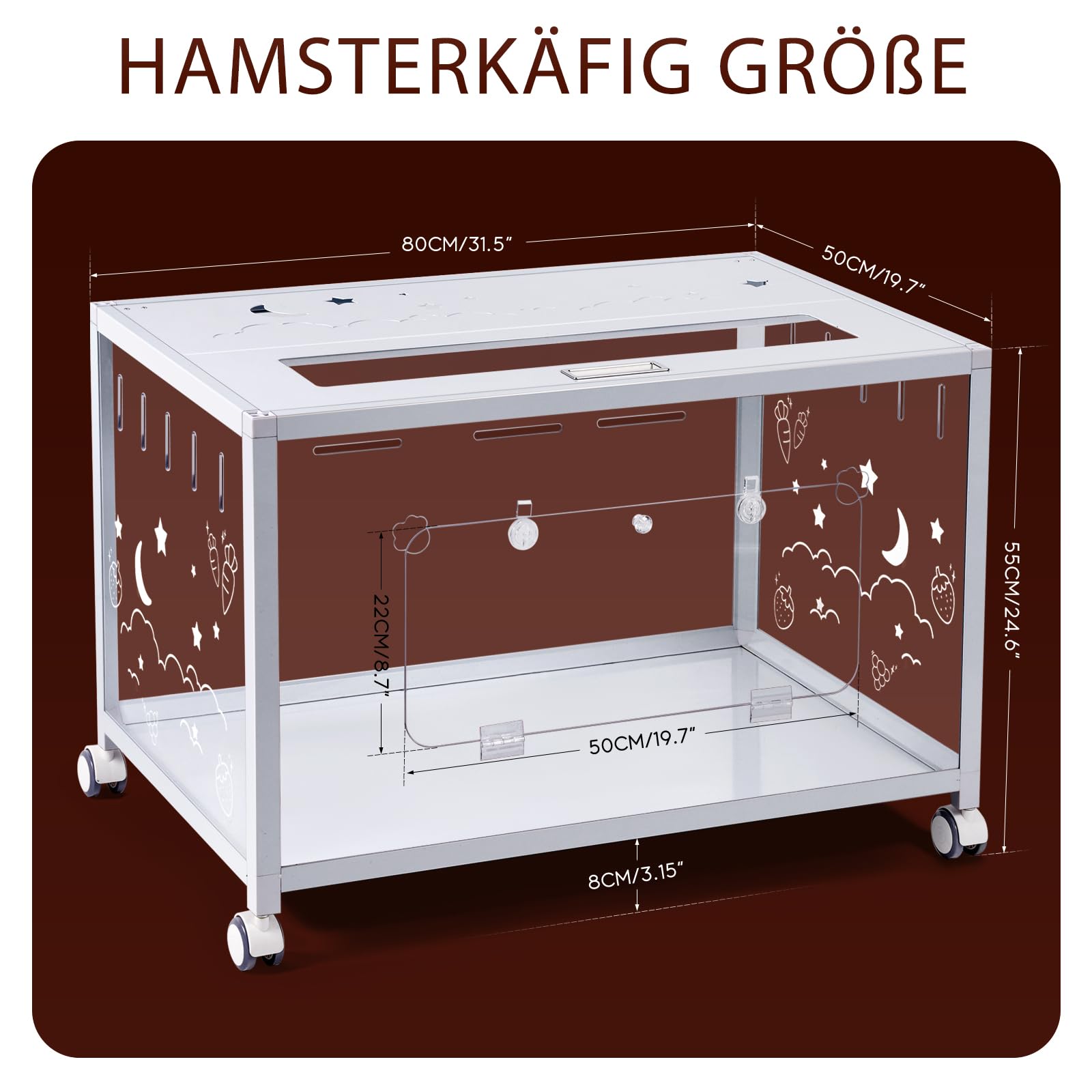 Groß Hamsterkäfig aus Metall 80x50x55cm Nagerkäfig mit Rädern, Stabil, Weiß | Kleintier Gehege für Kaninchen Goldhamster, Abnehmbarer Meerschweinchen, Durchsichtiger, Leicht zu Reinigen