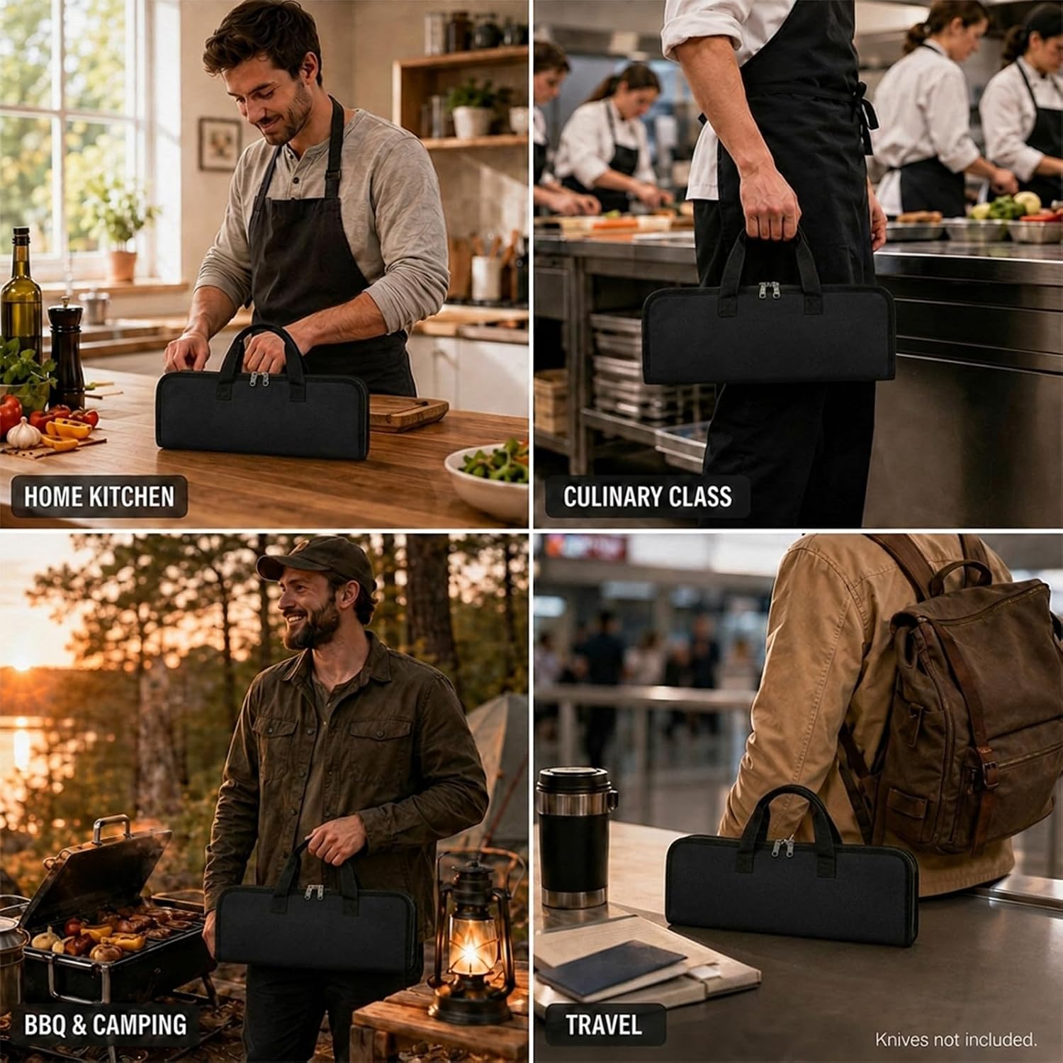 Knife Roll,Heavy Duty Knife Bag,Waxed Canvas knife Case with 4 Slots for Knives & Kitchen Tools,Chef Knife Bag with Handle.Portable Knife Roll Bag for Stroage Home Traveling Camping.Case Knives Pouch