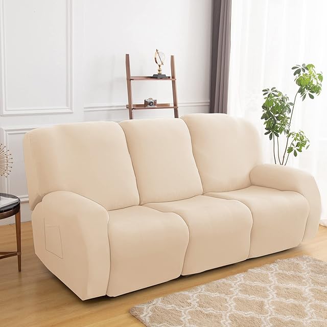 Qelus 8-Piece Recliner Slipcover Sofa Slipcover Couch Covers Stretch Armchair Cover Non-Slip Furniture Protector Elastic Spandex Soft Recliner Chair Protector with Side Pocket(3 Seater Beige)