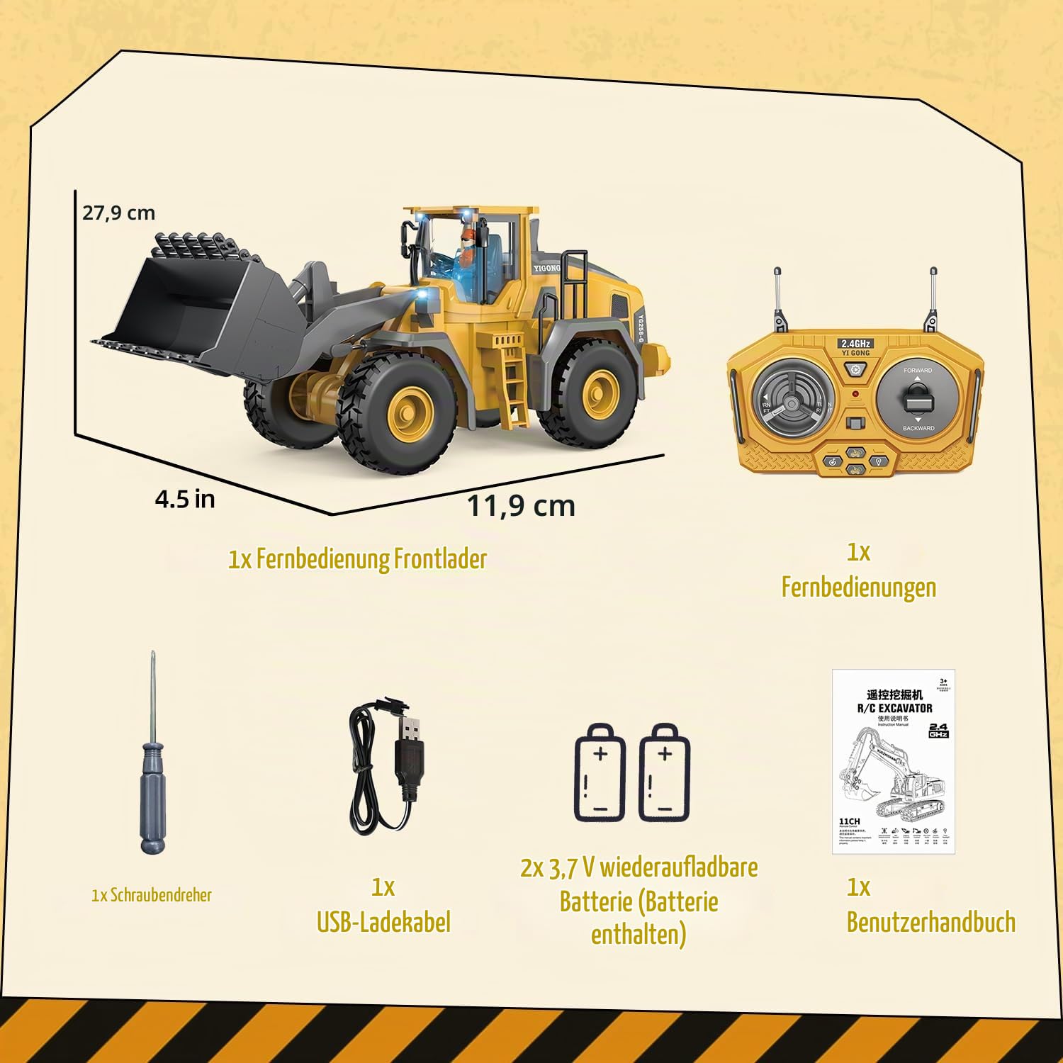 Ferngesteuerter Frontlader, 9-Kanal RC Baustellenfahrzeug (Lader) Spielzeug mit Licht und Sound, 2,4 GHz Ferngesteuerter Bulldozer für Jungen im Alter von 6, 7, 8, 9 und 10 Jahren