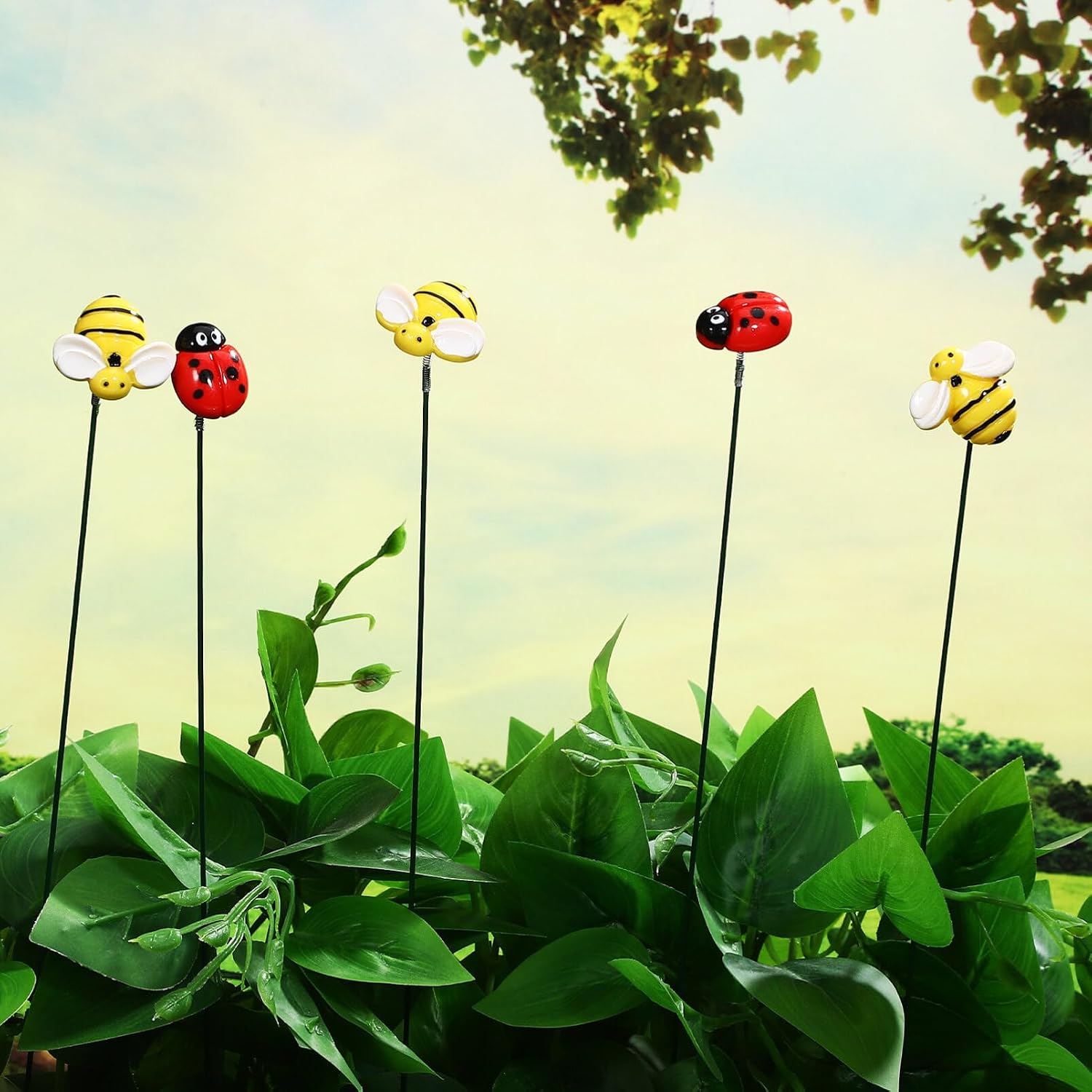 Sosoport 20pcs Garden Stake Ornaments Cute Bee and Ladybug Decorative Garden Stakes for Outdoor Flower Beds Potted Plants and Indoor Displays Material Spring Decorations