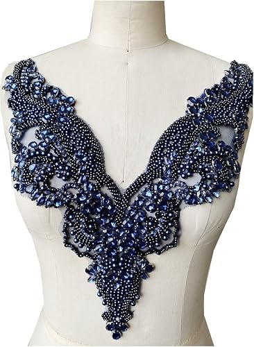 Miniatura 8 de Apliques de encaje hechos a mano con diamantes de imitación para coser en cuentas de adorno de parches accesorios para vestido ropa escote (negro)