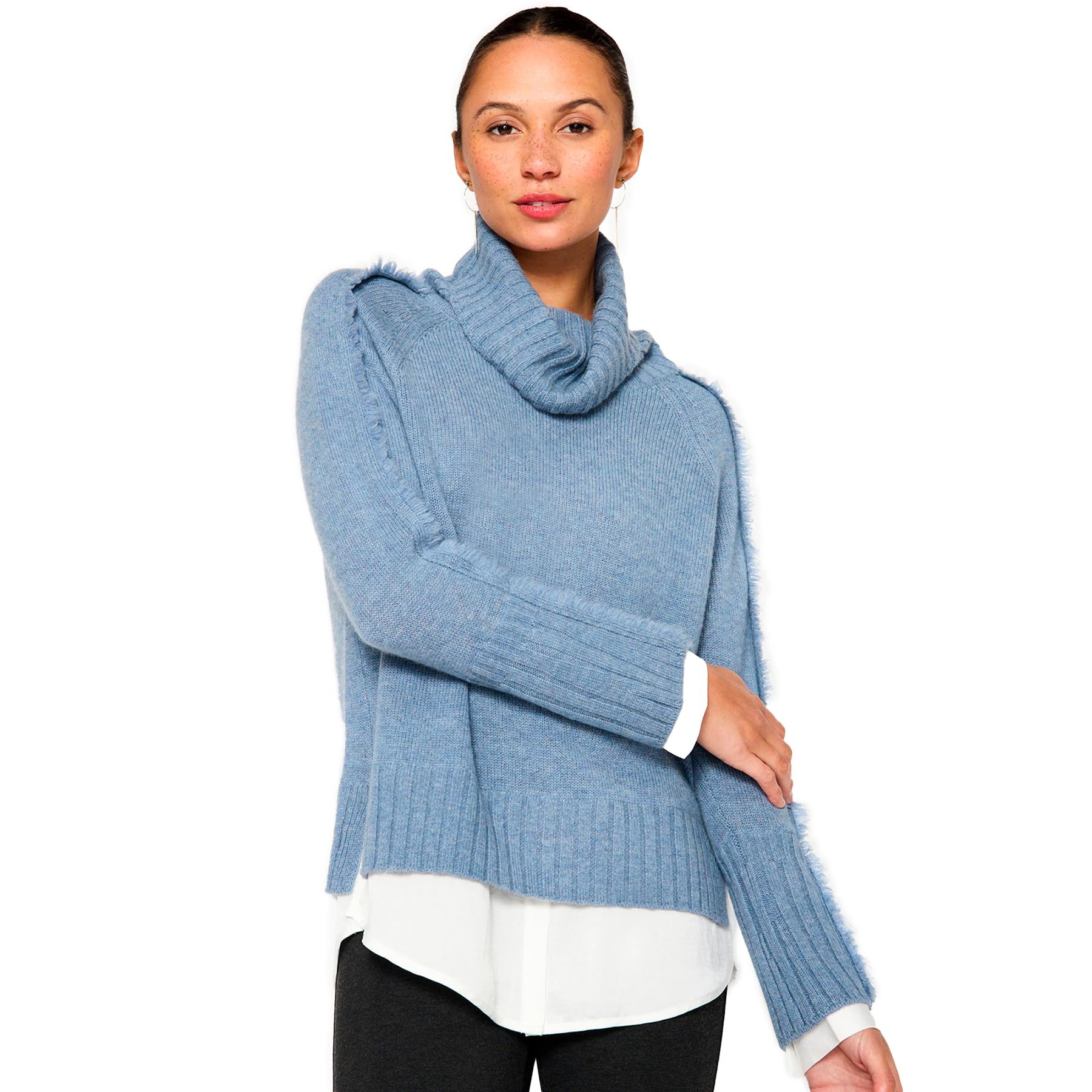 Brochu Walker Jolie Fringe Layered Looker Sweater - Wool Cashmere Blend Turtleneck w Satin Underlayer Fringe Trim Sleeves