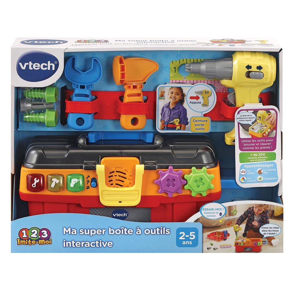 VTech - Ma Super Boîte à Outils Interactive, Caisse à Outils Enfant Éducative avec Ceinture Porte-Outils, 11 Pièces et Accessoires de Jeu, Cadeau Enfant de 2 Ans à 5 Ans - Contenu en Français