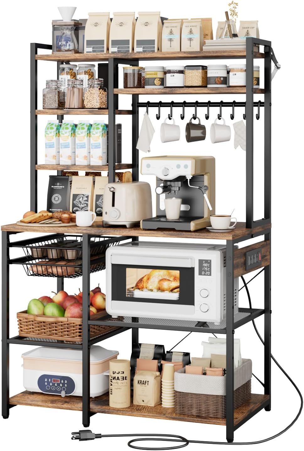 VEVOR Kitchen Bakers Rack with Power Outlets, 35.4x15.7x70.9 Inch Microwave Stand with Built-in Power Strip & 5 Ft Cord, 10 S-Shaped Hooks, for Dish Storage, Spice Jars, Coffee Bar Organization