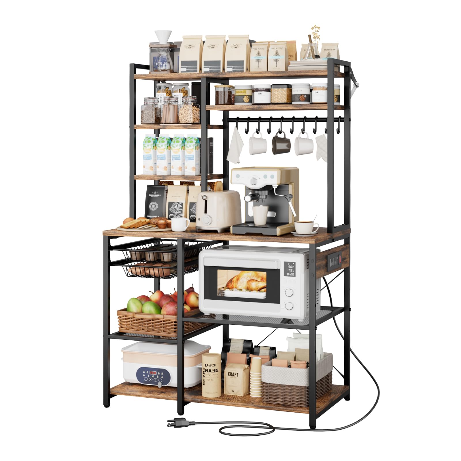 Photo 1 of VEVOR Kitchen Bakers Rack with Power Outlets, 35.4x15.7x70.9 Inch Microwave Stand with Built-in Power Strip & 5 Ft Cord, 10 S-Shaped Hooks, for Dish Storage, Spice Jars, Coffee Bar Organization