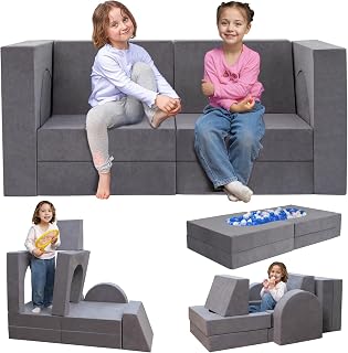 Fvkind 10 Pcs Modular Kids Play Couch, Multifunctional Foam Kids Couch for Playroom, Convertible Sectional Toddler Sofa for Boys and Girls, Toddler Sofa with Premium Foam and Washable Cover, Grey