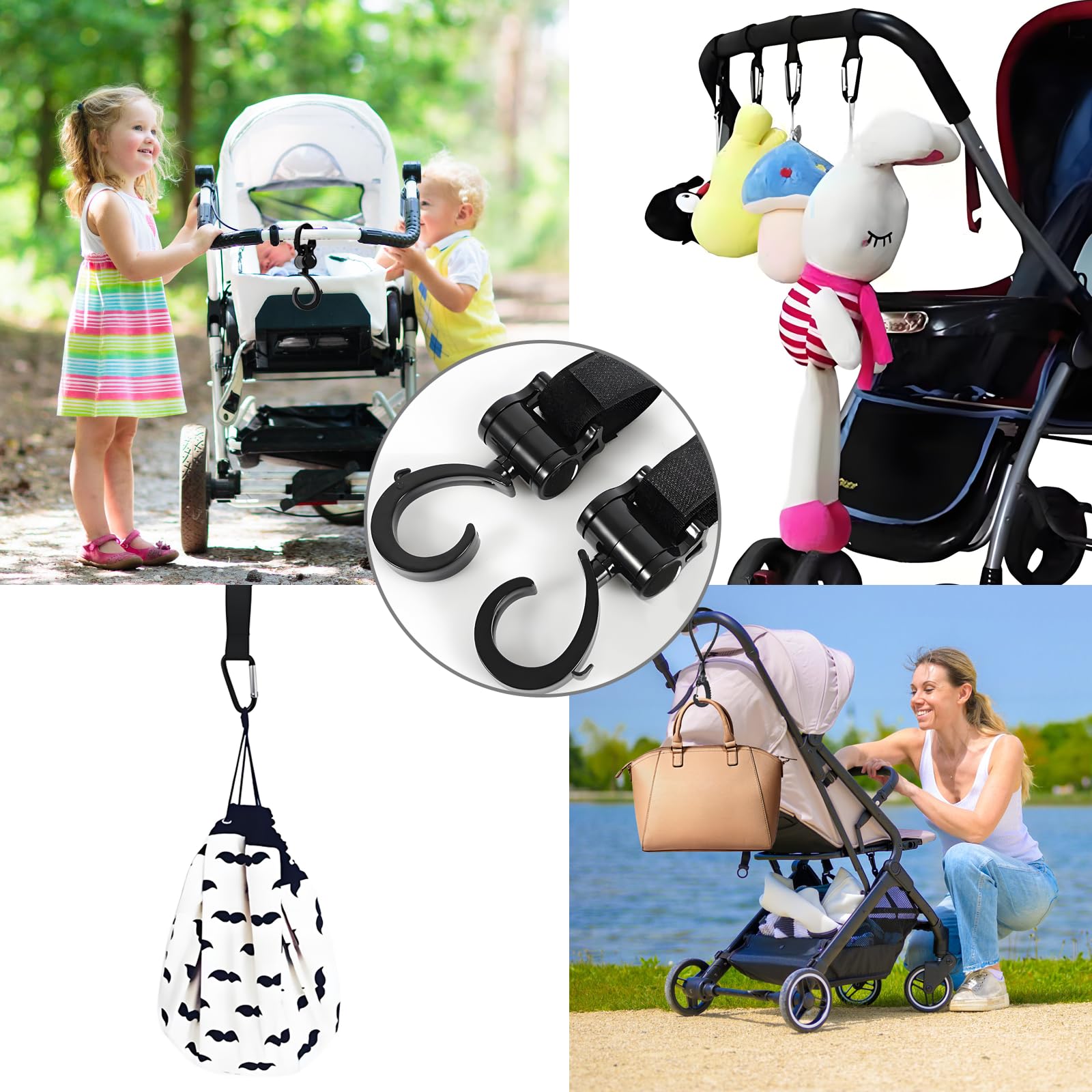 6 Pezzi Nero Ganci Passeggino Antiscivolo, Gancio Passeggino Universali Gancio Passeggino per Borsa Rotanti Ganci Borsa Passeggino di Leggero per Passeggino Amaca Borsa Passeggino