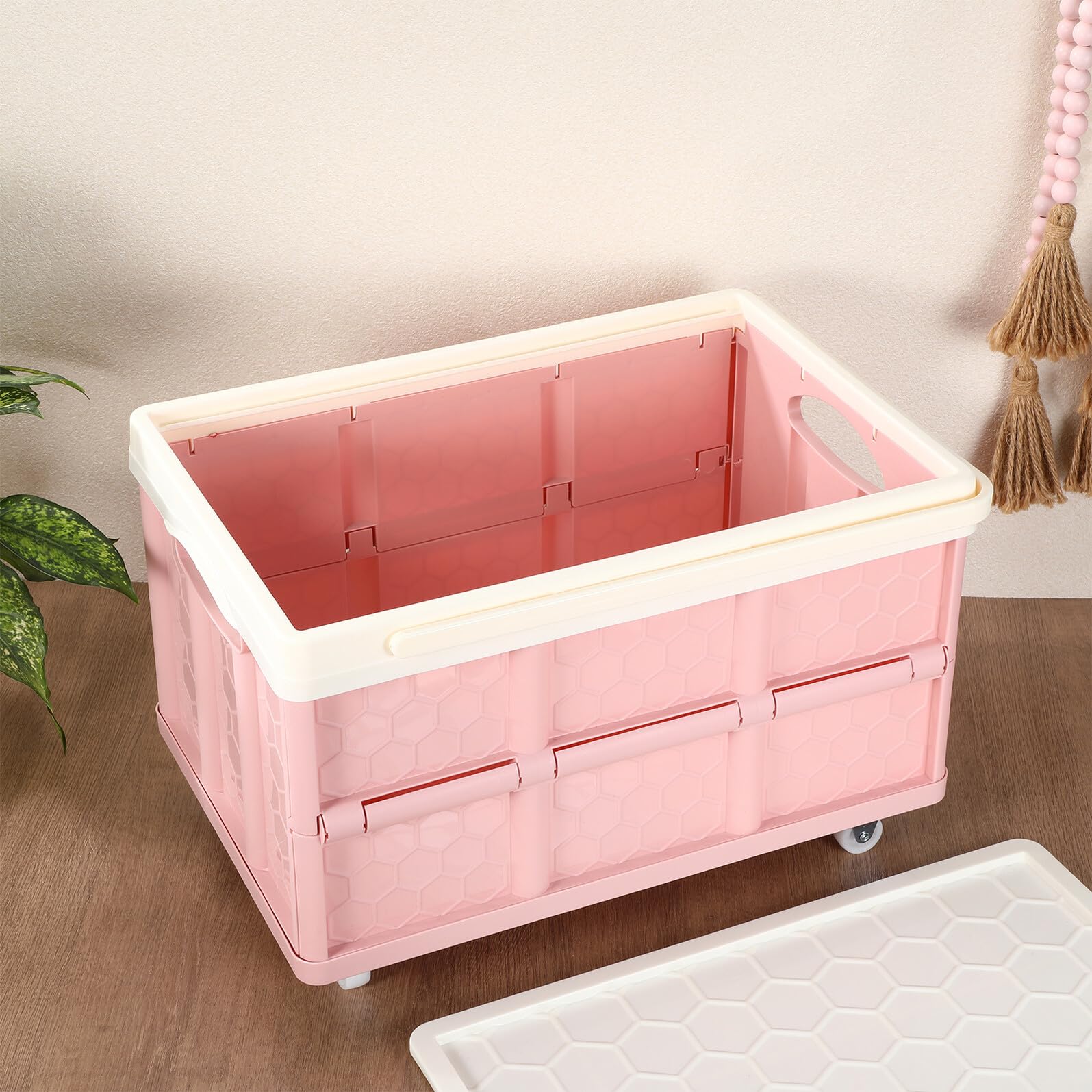 Faltbare Aufbewahrungsbox mit Deckel und Rollen, Groß, Rosa, Kunststoff
