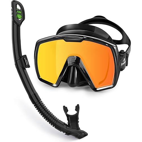 Freela Adult Dry Snorkel Set with Mirrored Lens Anti-Fog 180° Wide View Anti-Fog, Scuba Diving Mask with Nose Cover, Snorkeling Gear for Men Women