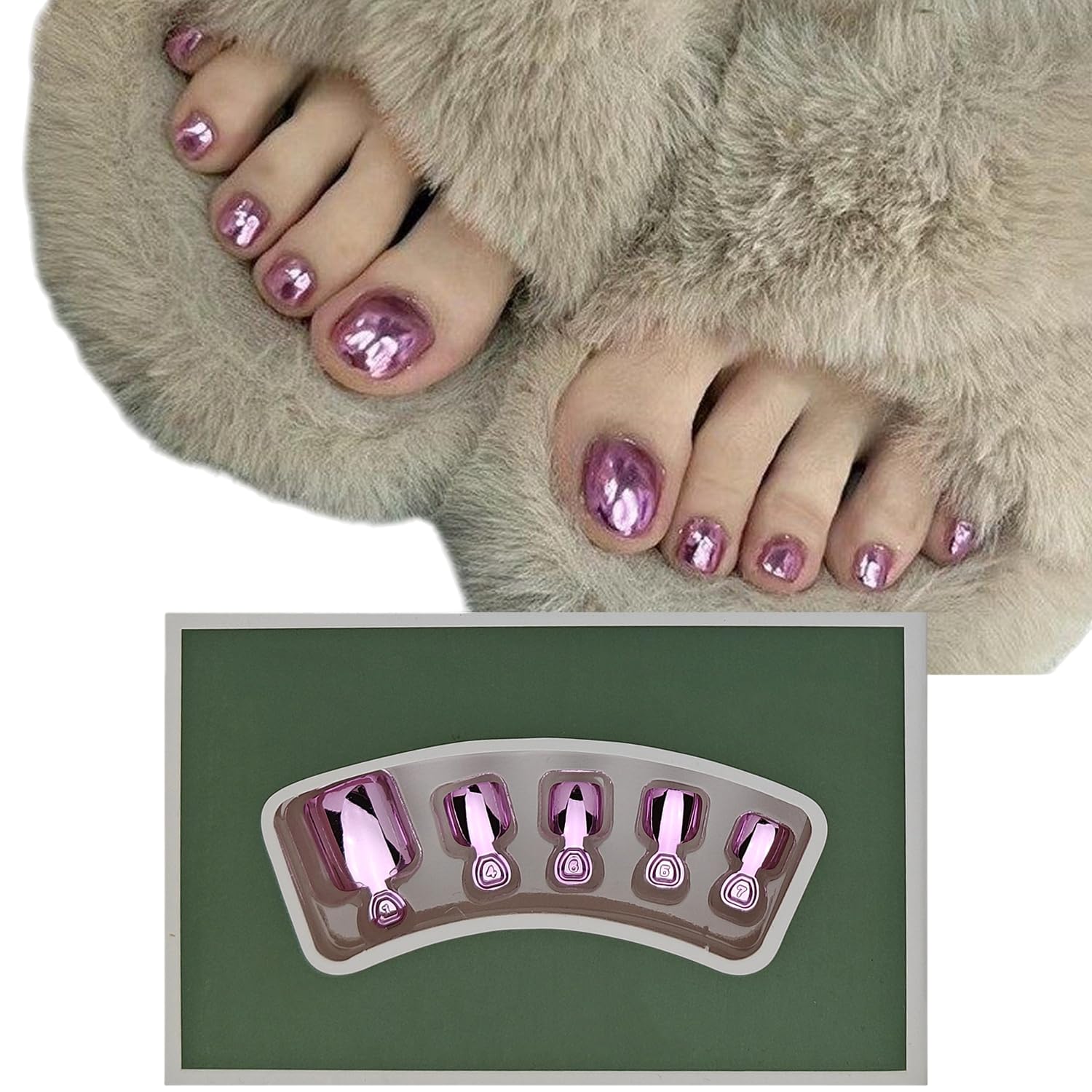 S.A.V.I Mirror Chrome Pink Press-On Toe Nails, Short Natural Square Shape, Glossy Metallic Finish, ABS Material, 24 Pcs Reusable Fake Toenails with Glue & Adhesive Tabs-picture-16