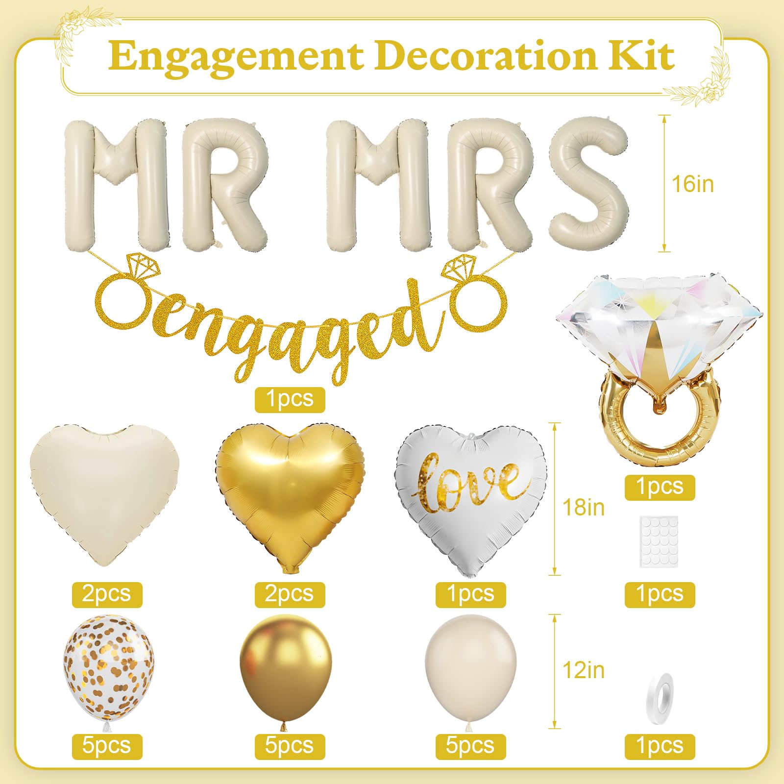 Decoraciones de fiesta de compromiso blanco arena, decoración de globos de MR y MRS, globos de confeti de oro blanco, corazón de amor y anillo de diamante con pancarta de compromiso para decoración de