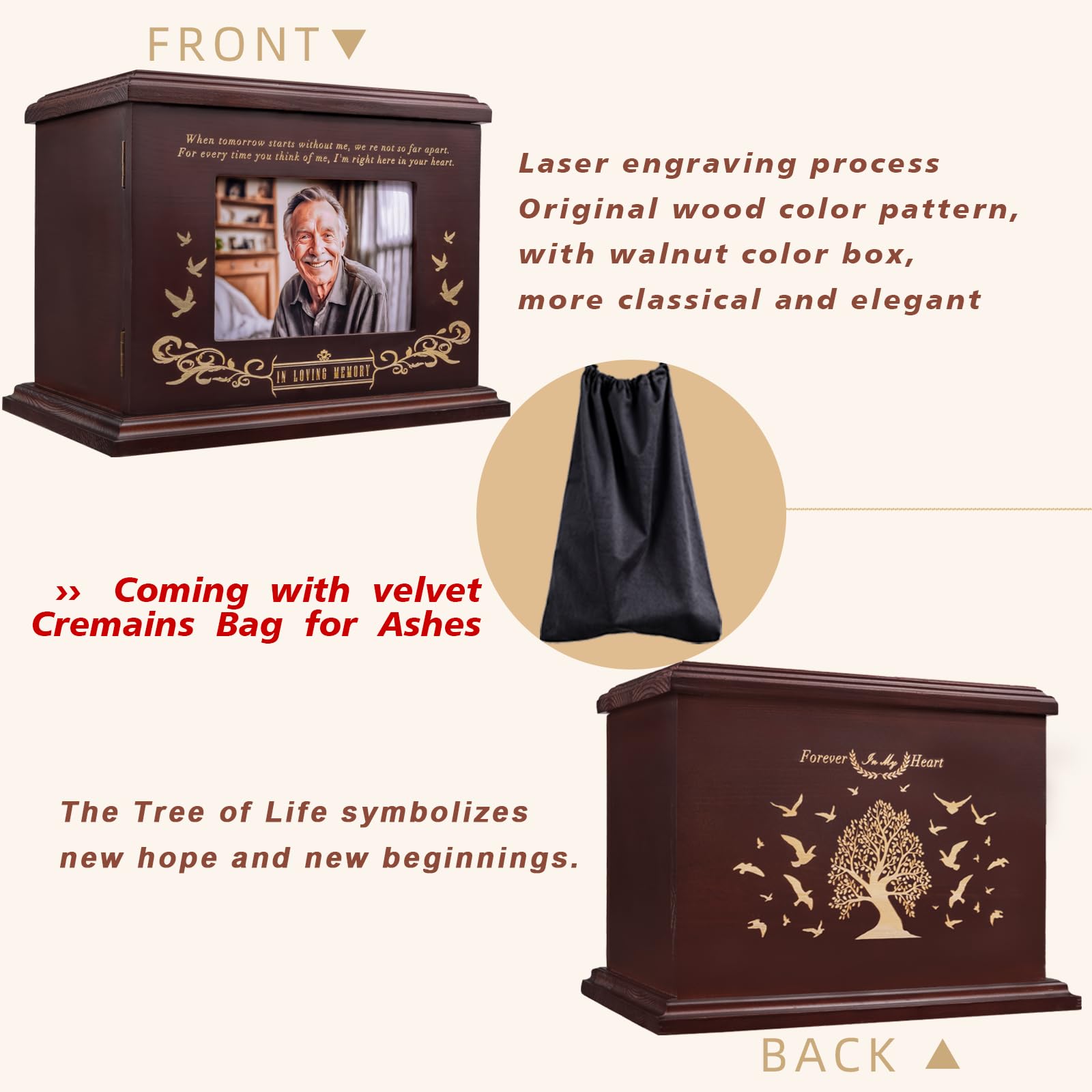 Cremation Urns for Human Ashes, Wooden Urn for Ashes Adult Male Female, Wooden Picture Frame Urns Box and Casket for Ashes, Funeral Memorial Urns Box, Men Women Child, Holds 255 lbs (Walnut)