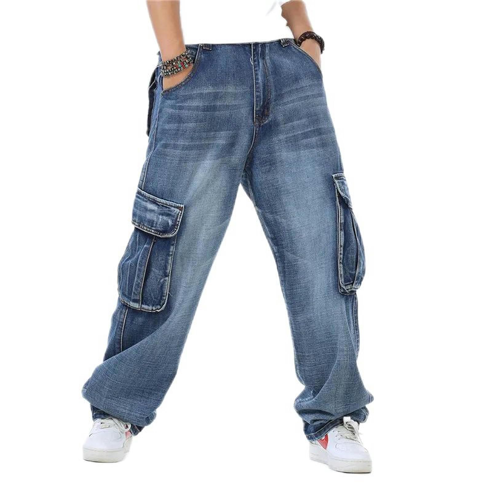 Jeans para Hombres Pantalones Cargo De Mezclilla Rectos para Hombres Jeans De Motorista Vaqueros Holgados De Color Azul Suelto para Hombres con Bolsillo Lateral-Azul-34