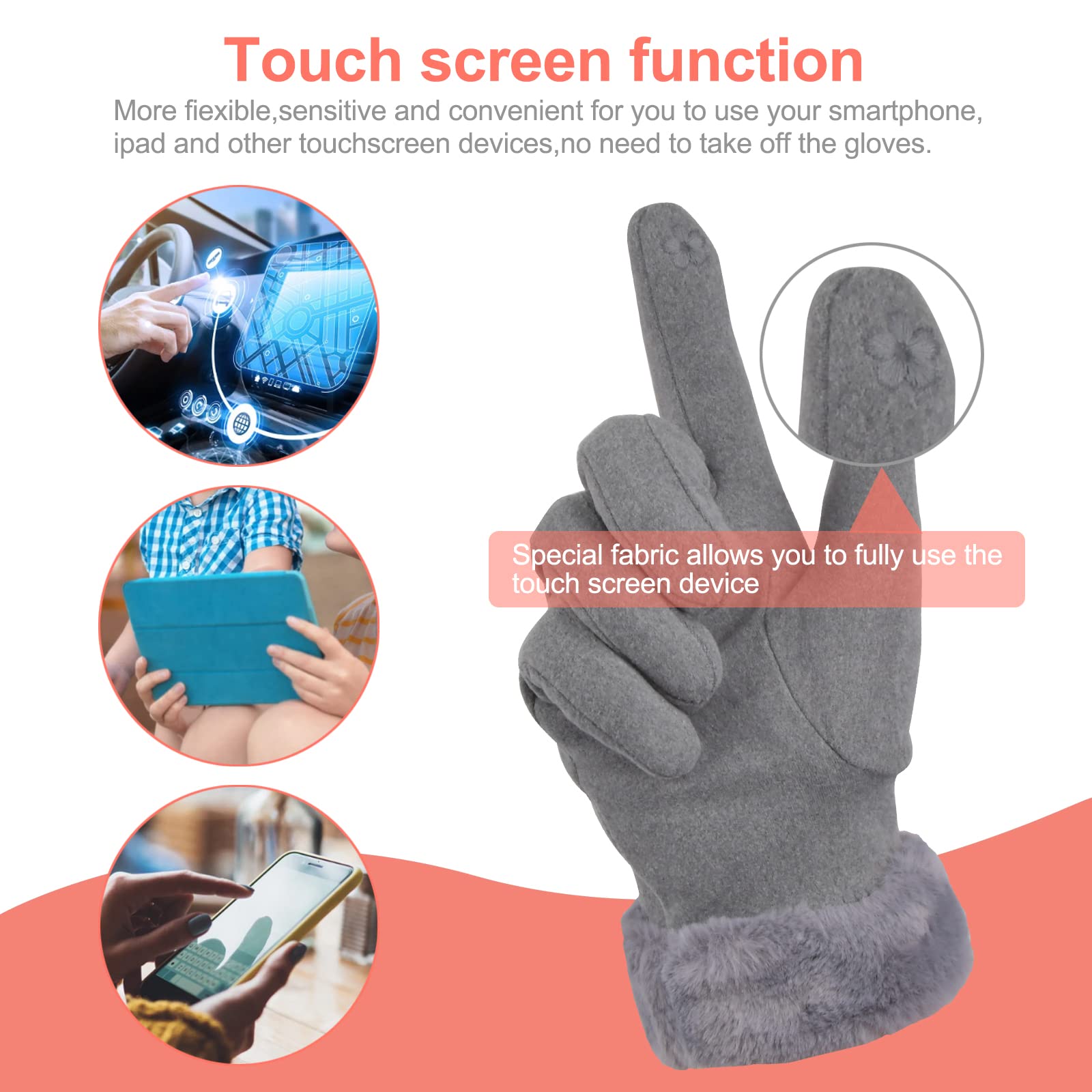 Guantes de Invierno Mujer, Guantes para Pantalla Táctil, Guantes Cálidos para Deportes al Aaire Libre, Guantes Prueba de Viento con Forro Polar para Conducción Esquí Ciclismo Camping (Gris)