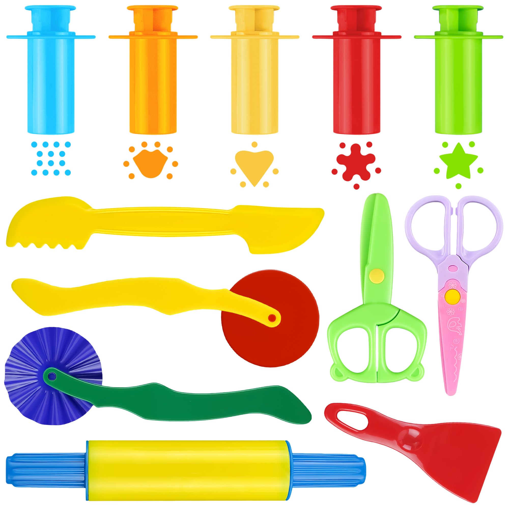 Clay and Dough Tools 12 Pcs Basic Dough Tools Set for Kids with Extruders, Rolling Pin, Cutters,Plastic Hand Scraper, Scissors