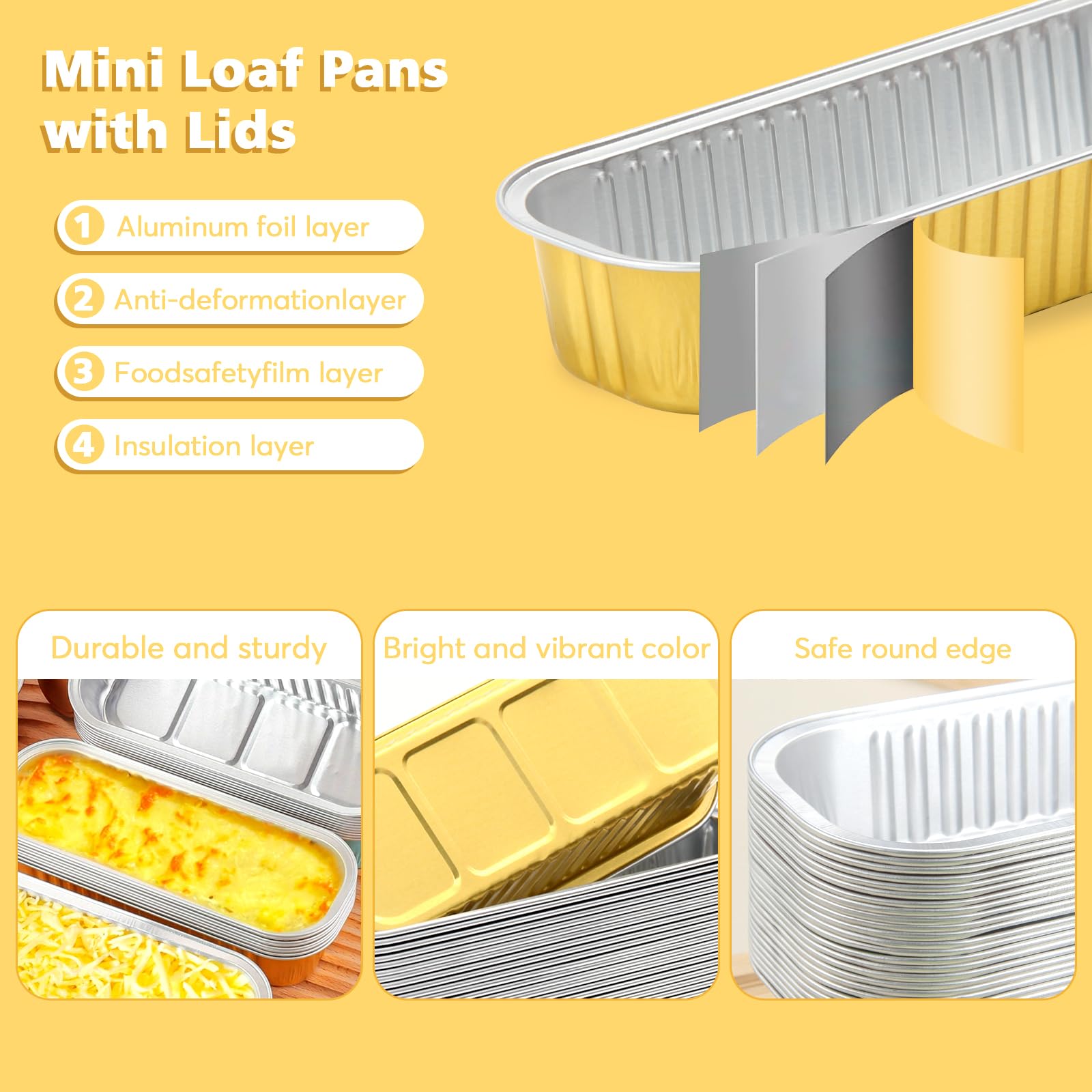 Ruckae Paquete de 100 mini moldes para pan con tapas y cucharas, desechables, de aluminio, rectangulares, para hornear, fiestas, picnics, regalos (dorado)