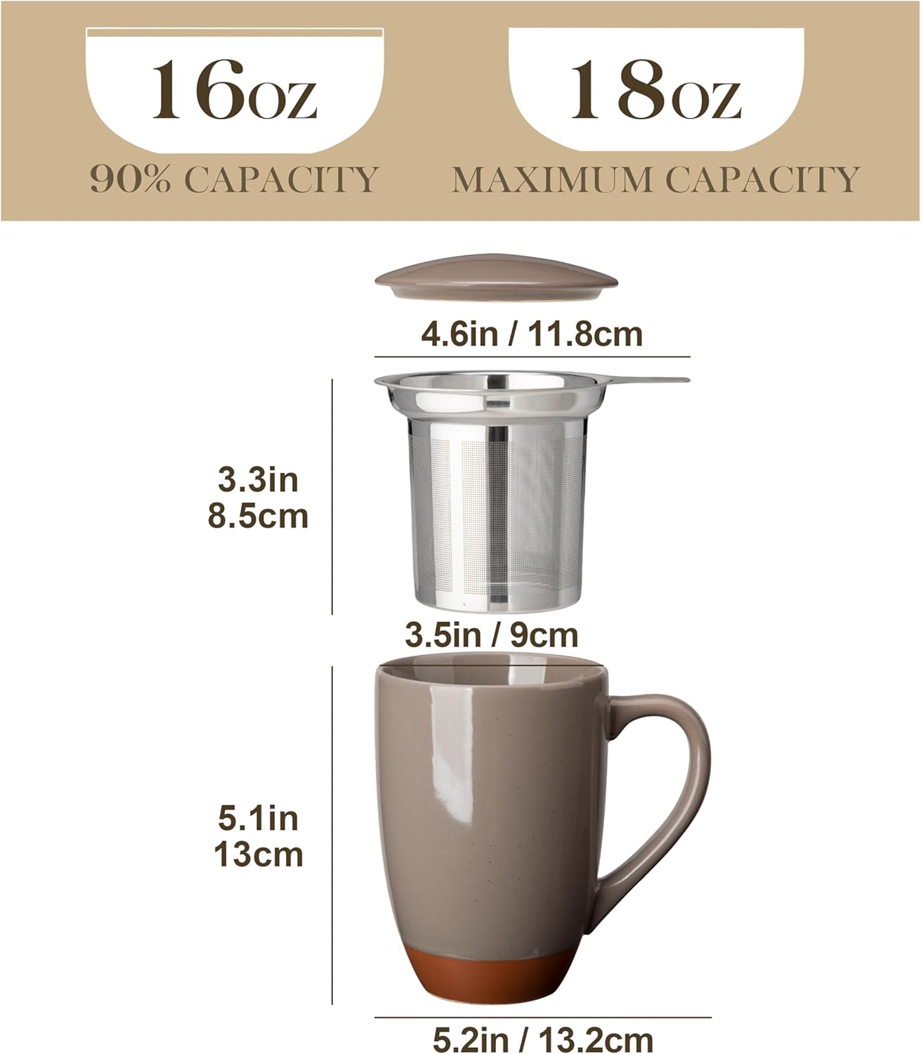 MALACASA Ceramic Tea Mug with Lid and Stainless Steel Infuser, 18 oz Large Tea Cup for Loose Leaf Tea, Heat-Resistant, Microwave & Dishwasher Safe, Speckled Glaze Coffee & Tea Brewer Mug, Khaki Brown - Image 2