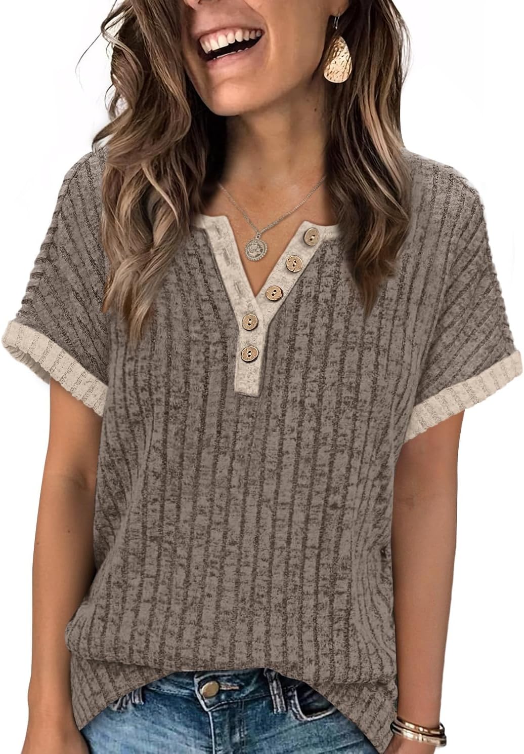 OFEEFAN Womens Short Sleeve Sweater Textured Tops Trendy Business Casual Outfits Work Blouses Spring Summer Shirts - Image 2