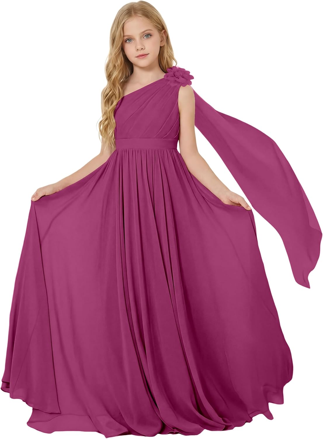 One-Shoulder Junior Bridesmaid Dresses Chiffon Flower Girl Maxi Dress for Wedding Formal Party Pageant Dress