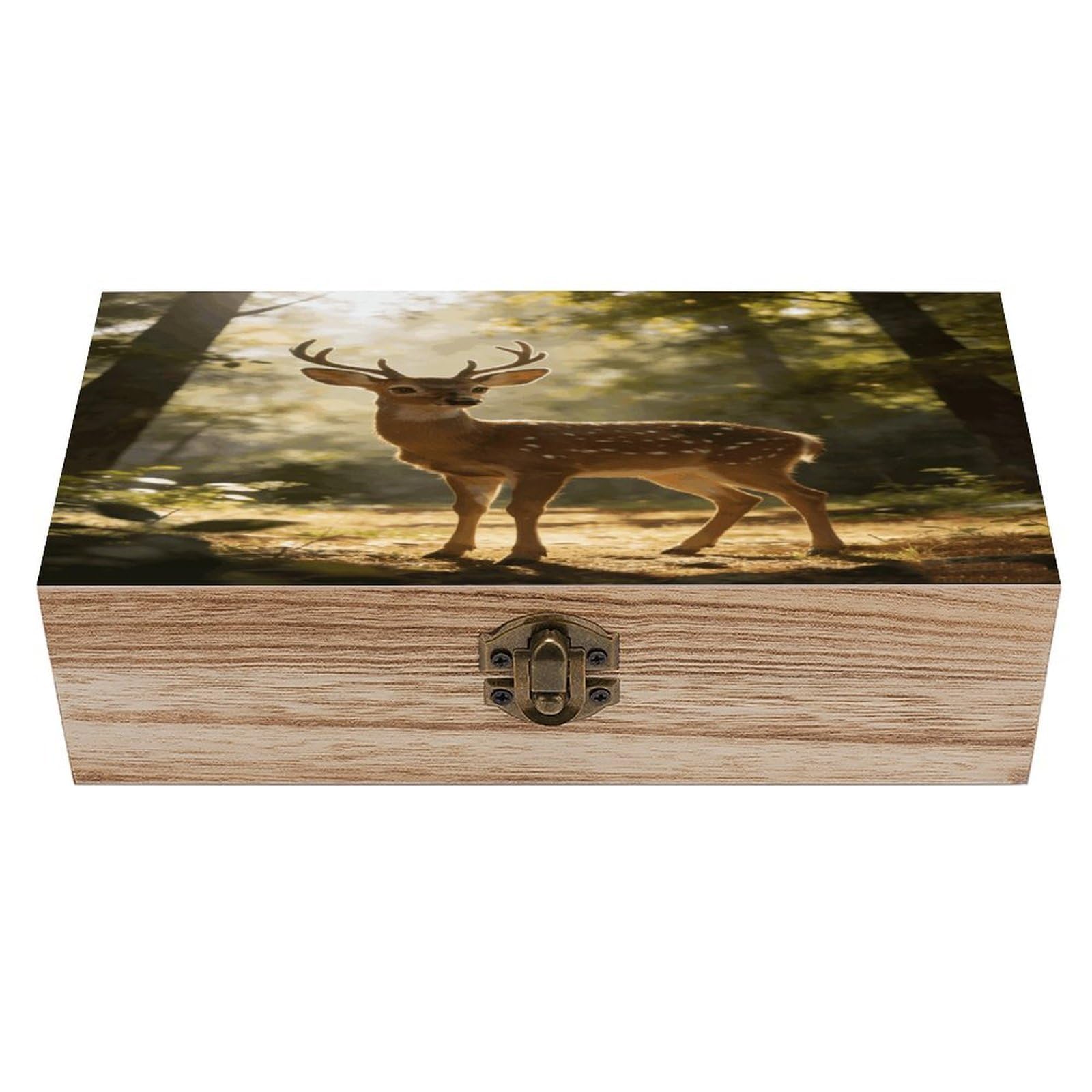 LZQPOEAS Deer Encounter The Dawn Light Wooden Keepsake Box Wooden Storage Box Container with Hinged Lid Beautiful Wood Memory Box Decorative Jewelry Case for Crafts Art Hobbies & Trinket Storage