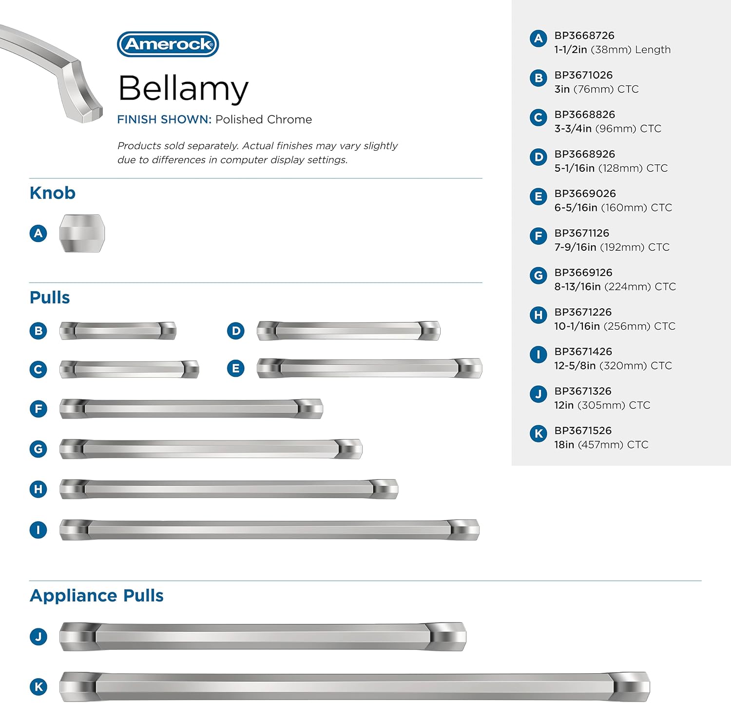 Amerock Bellamy 6-5/16 inch (160mm) Center-to-Center Polished Chrome Cabinet Pull, BP3669026
