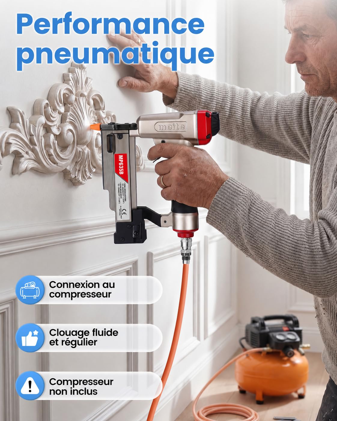 meite MP635B Cloueuse avec 10 000 clous (25 mm), cloueuse pneumatique de calibre 23, pistolet à ongles pneumatique, convient aux clous de calibre 23 de 12 mm à 35 mm, idéal pour les panneaux, petite