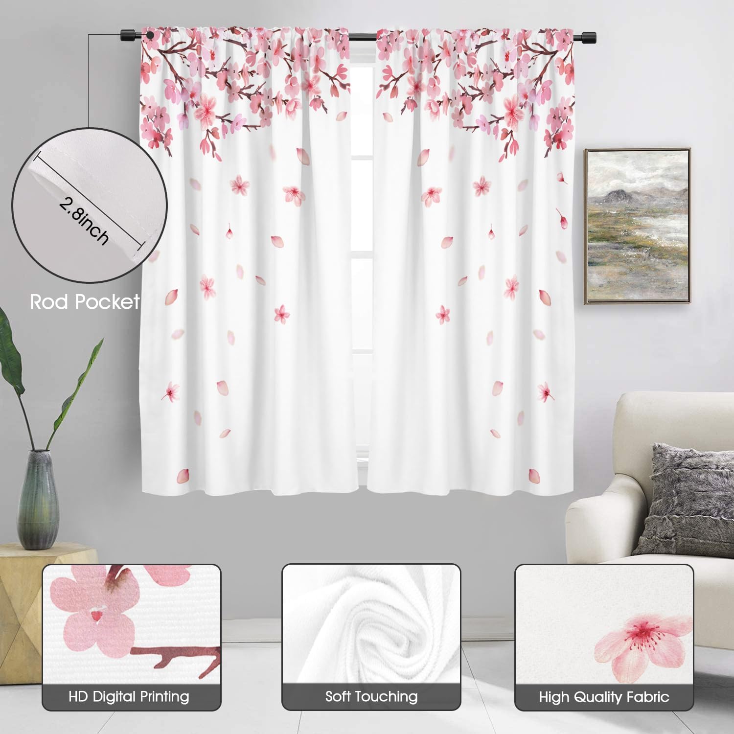 zokyer Pink Floral Window Curtain Wide White Floral Flower Cherry Blossom Japanese Sakura Branches Garden Art Botanical Girls 52" W x 63" L for Bedroom Living Room 2 Panels Rod Pocket Drapes