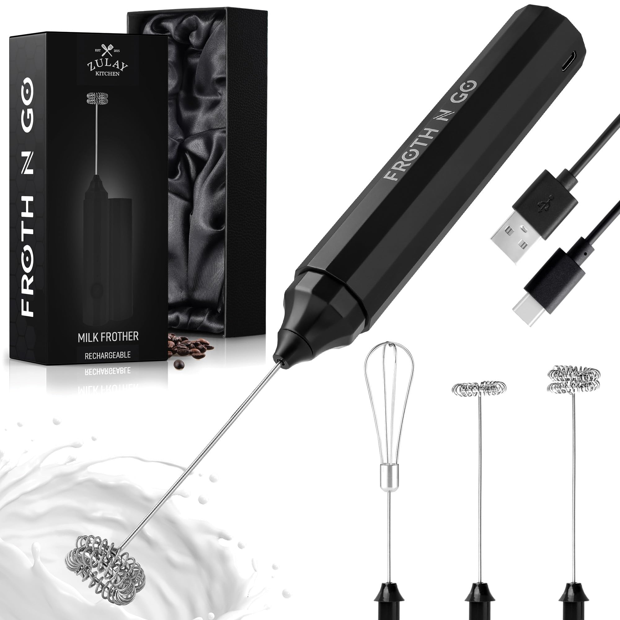 Zulay Froth N Go Milk Frother Rechargeable - 3-in-1 Frother Wand With Case & USB-C Charger - Comes With 3 Whisk Attachments for Latte, Cappuccino, Matcha, Protein Shakes - Black